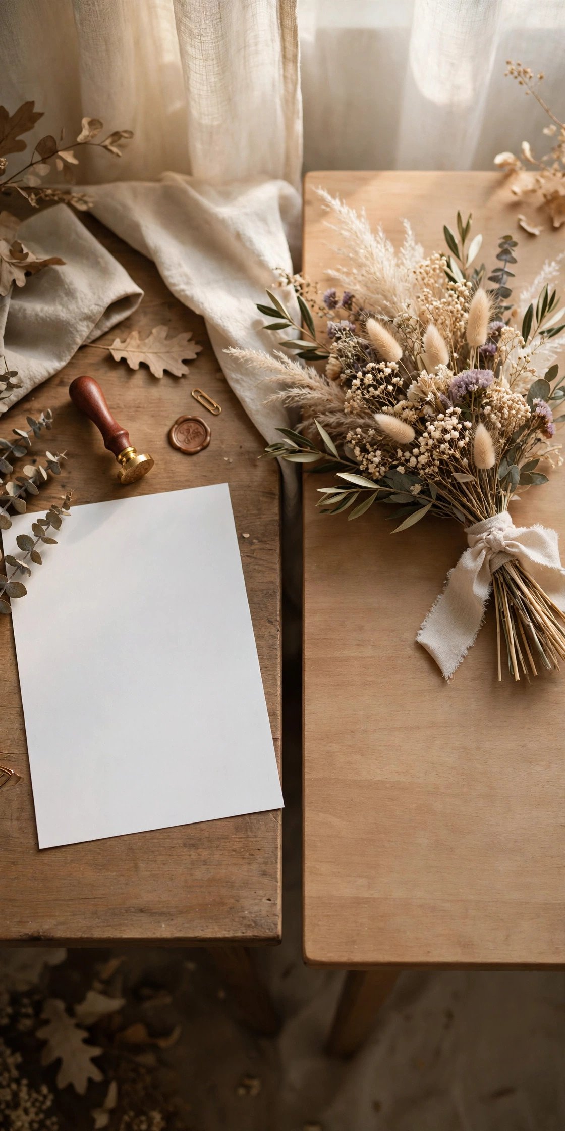 Marriage license document on a desk contrasted with an empty desk and a bouquet for a renewal