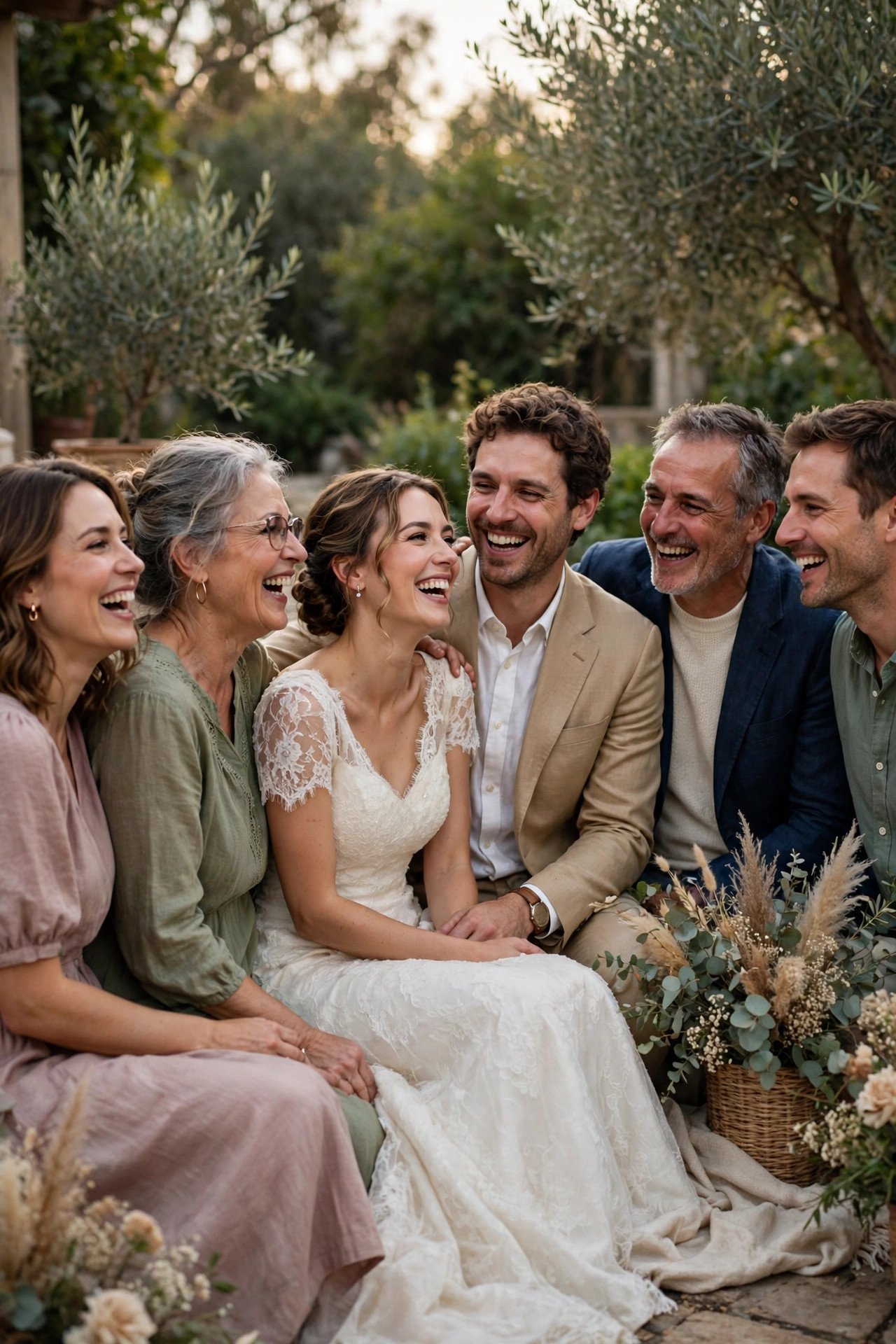 Small joyful renewal guest group of close family and friends laughing together
