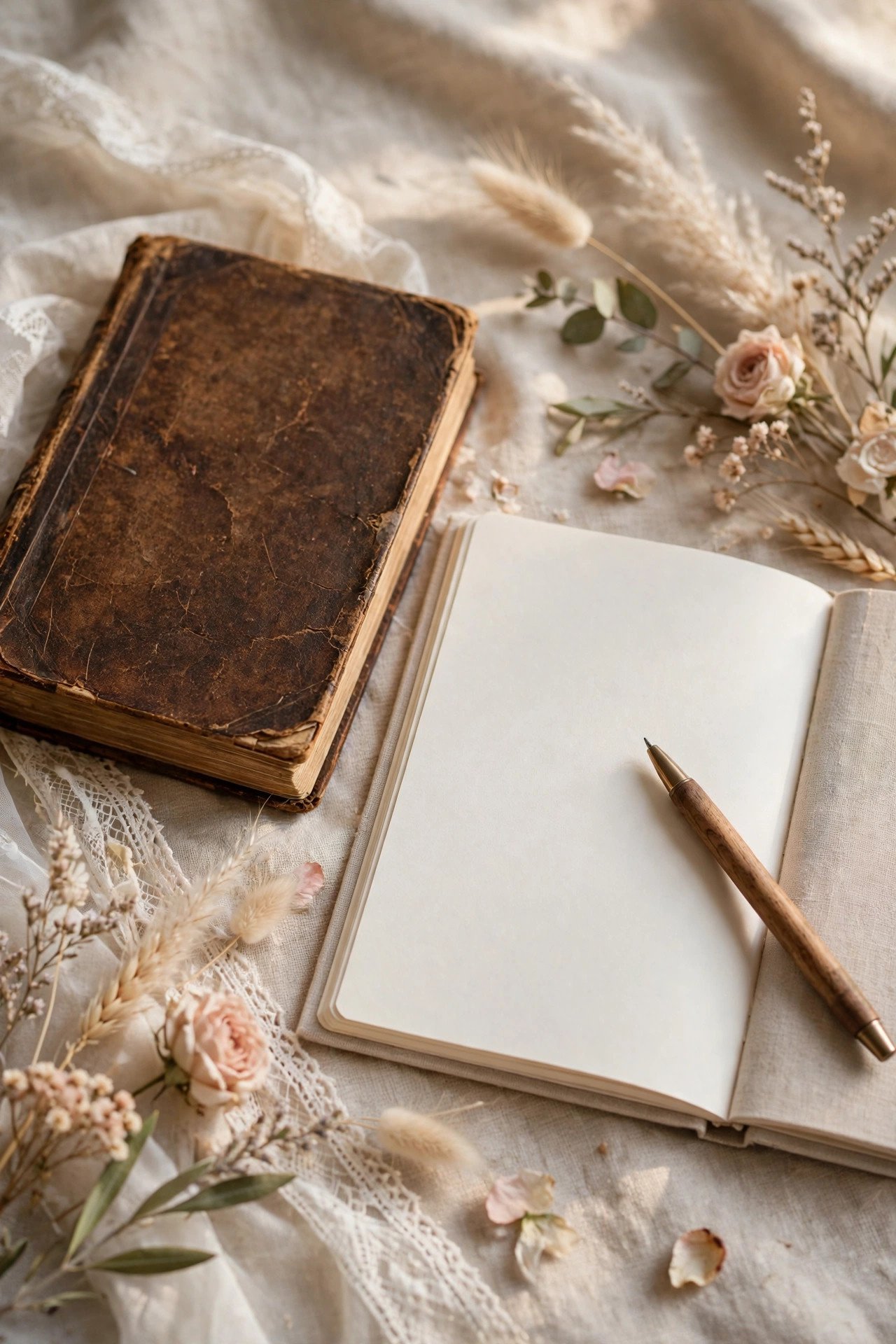 Old etiquette book beside a blank notebook and pen ready for personal renewal plans