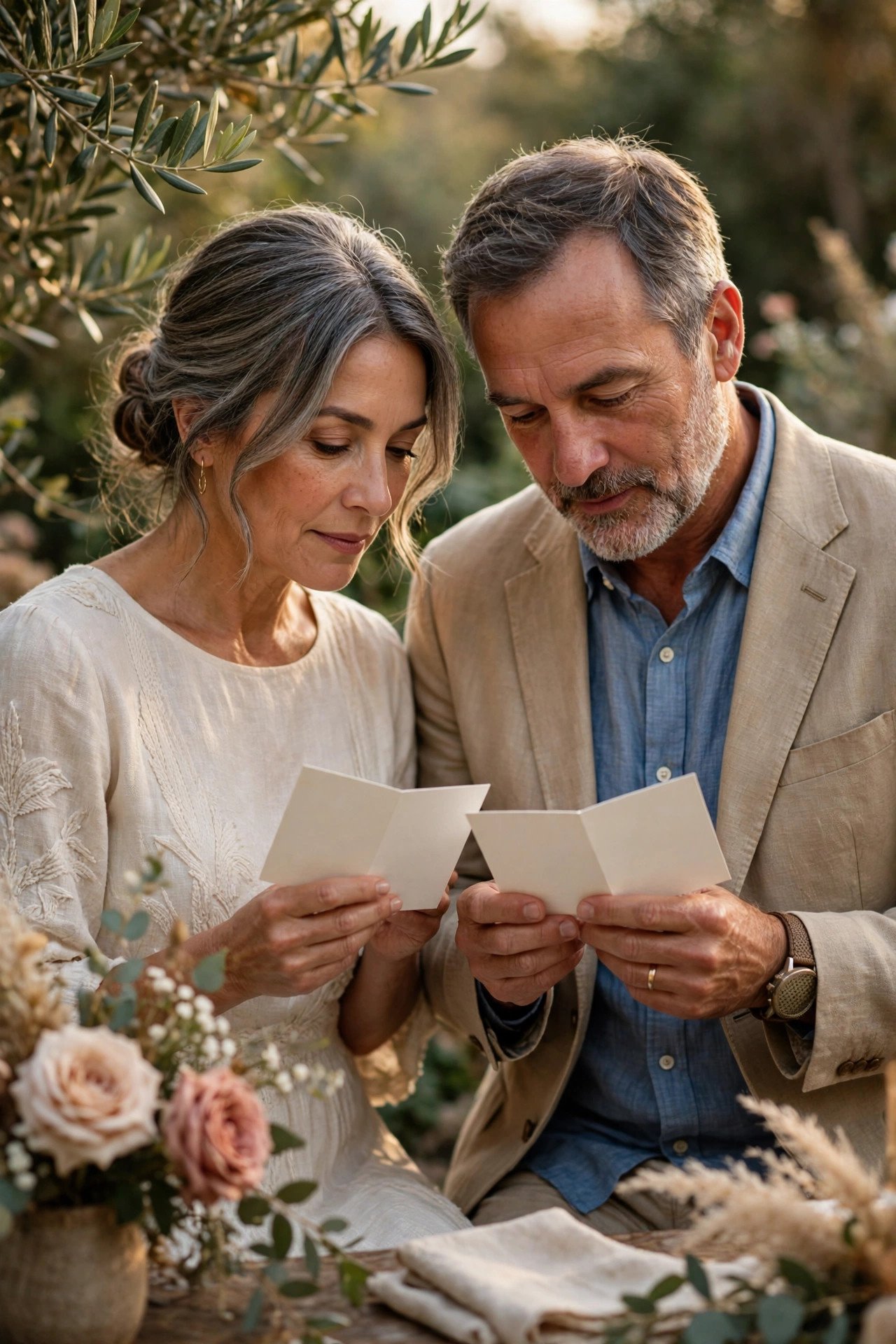Couple reading renewal vows that reference their shared history and children