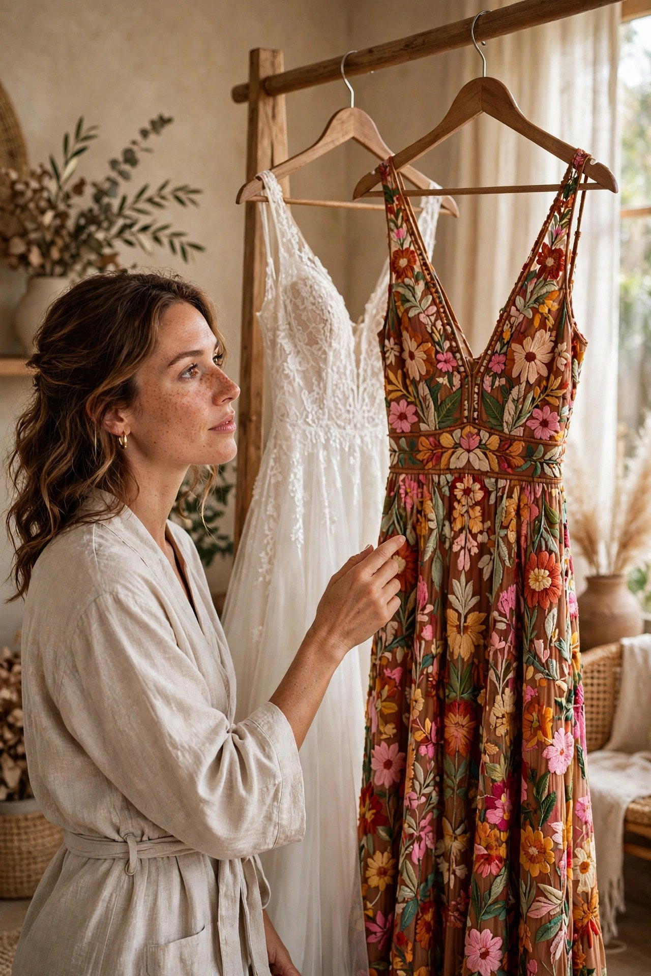 Woman choosing between a white gown and a colorful evening dress for her renewal
