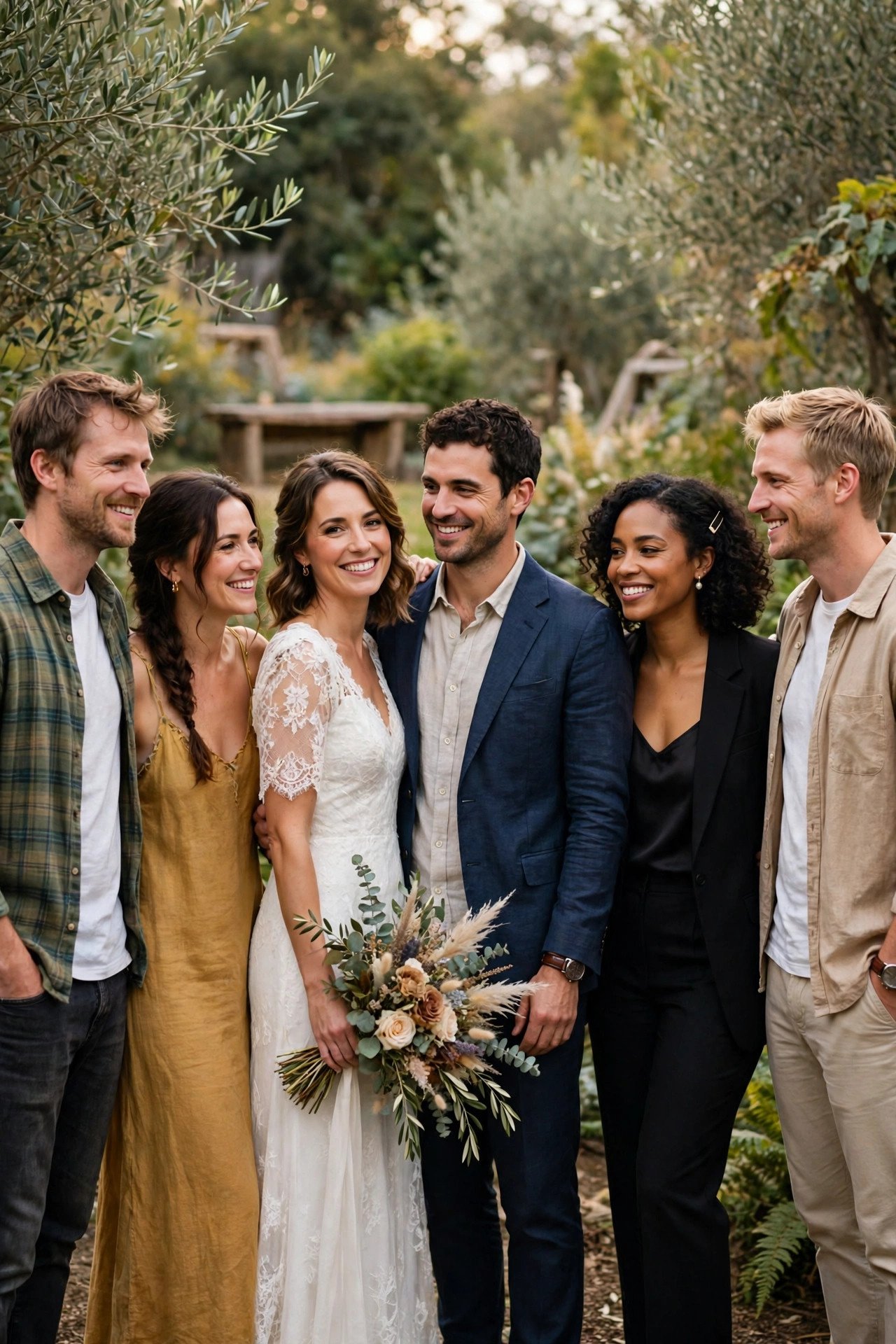 Original wedding party friends standing casually with the couple at a renewal, no matching outfits