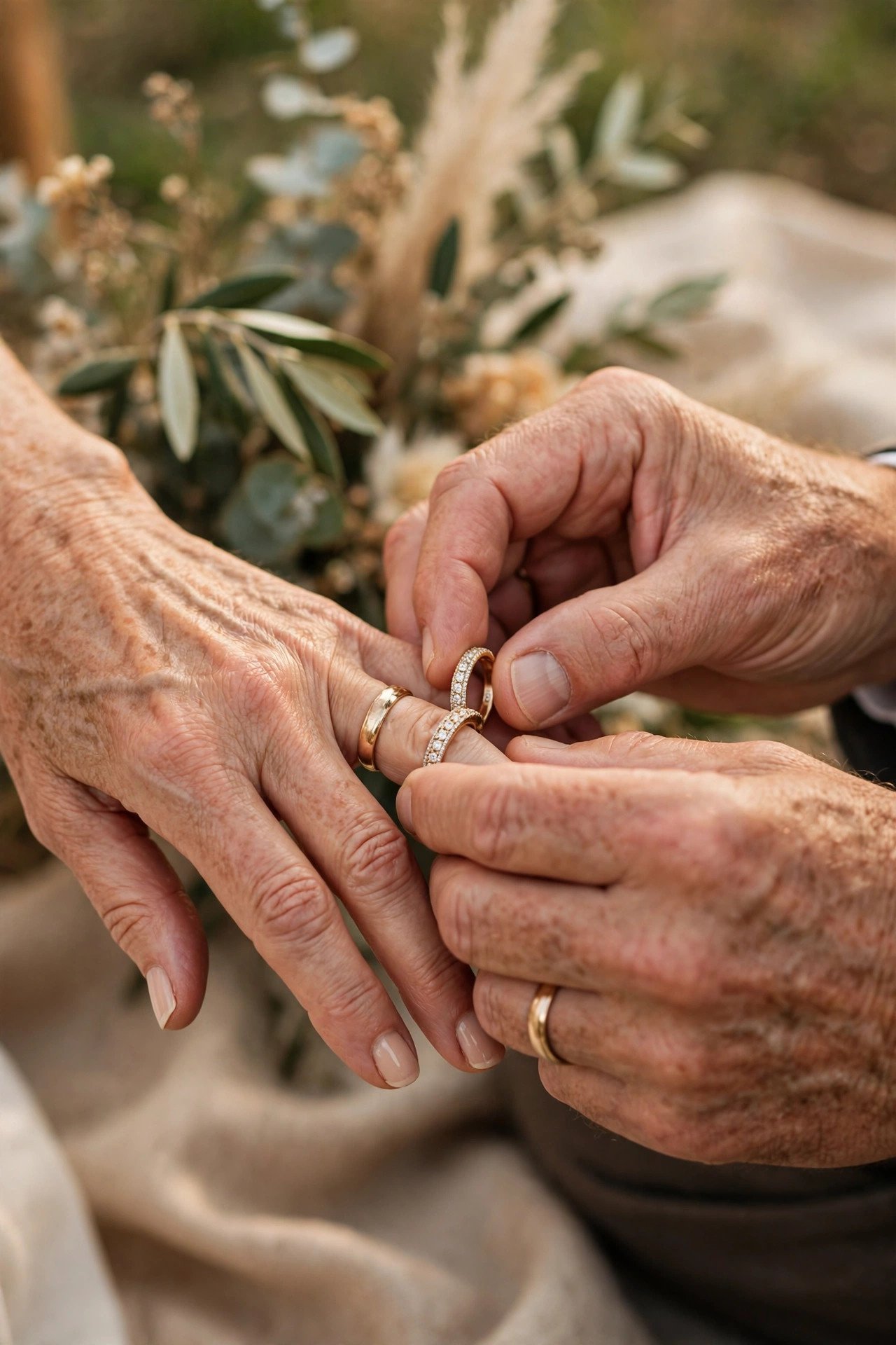 Couple re-exchanging their original wedding rings with a new anniversary band at a renewal