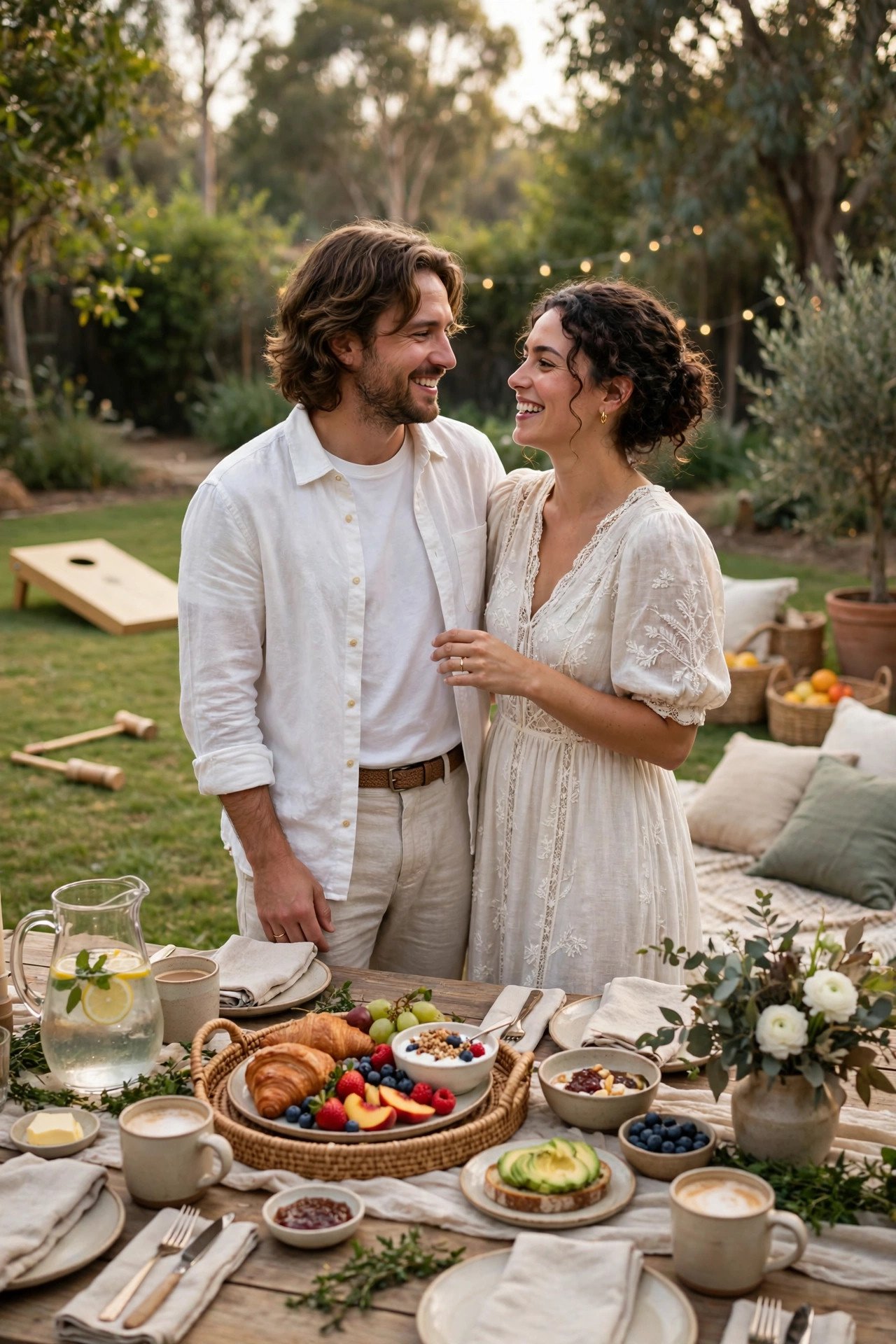 Relaxed renewal party with a brunch spread and lawn games instead of a formal reception