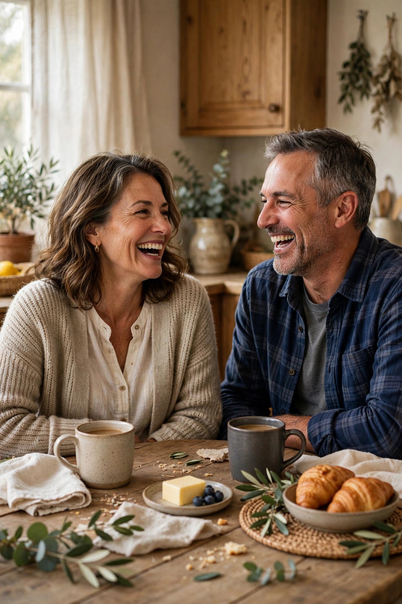 Relaxed couple laughing while planning their renewal at a kitchen table with coffee