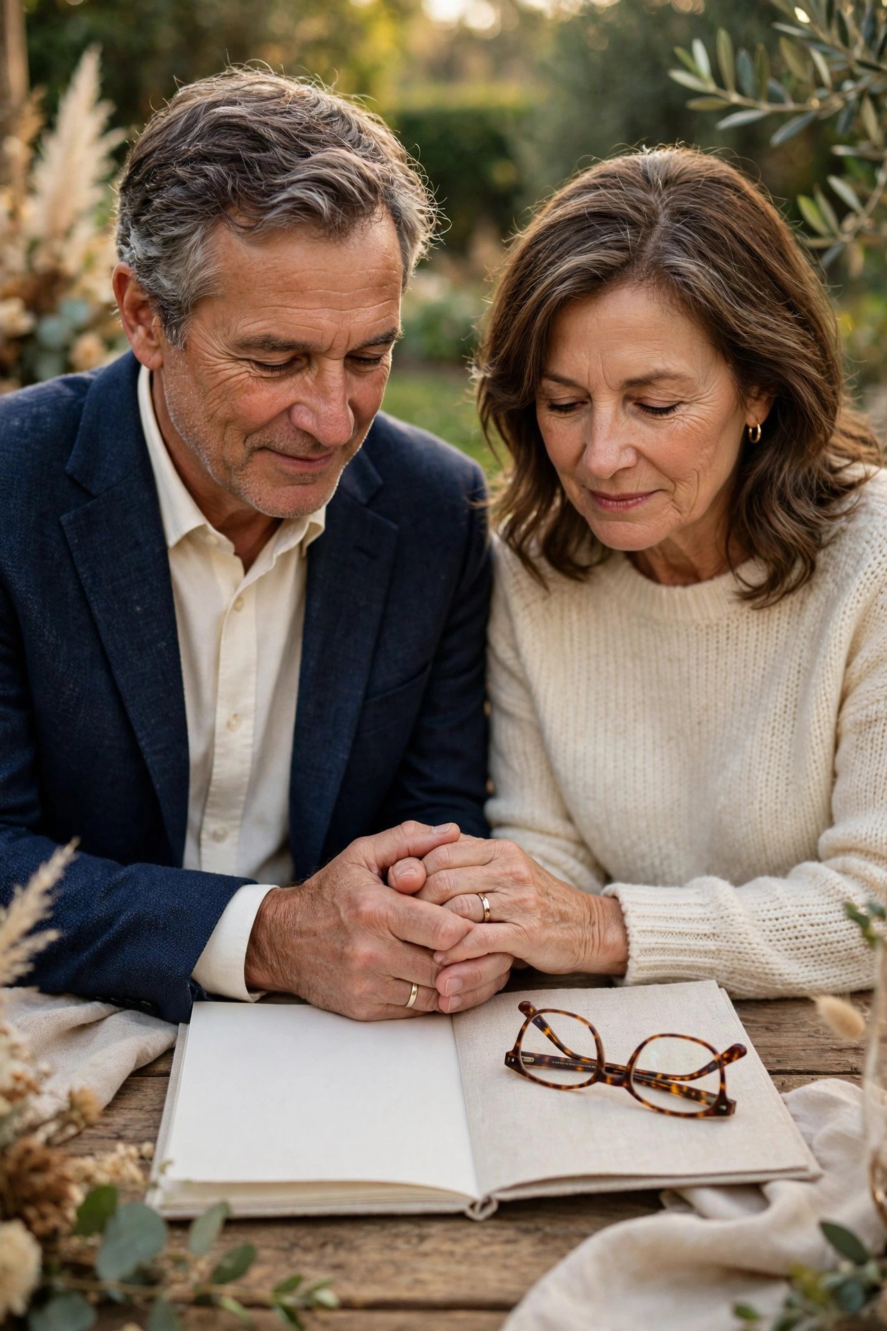 Couple holding hands with wedding rings and reading glasses resting on their original vow booklet