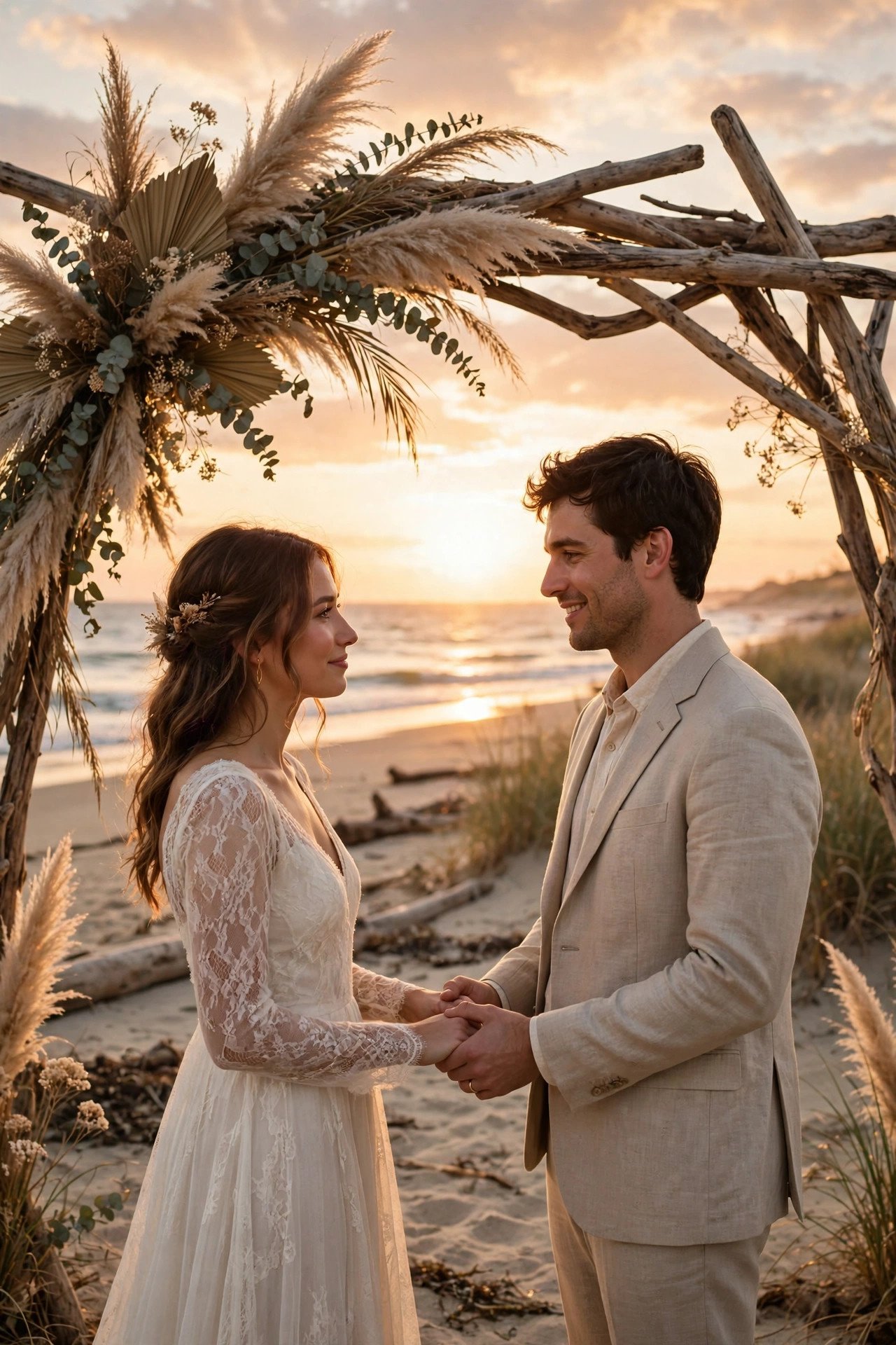 Couple renewing vows beneath a driftwood arch on the beach as the sun sets over the ocean