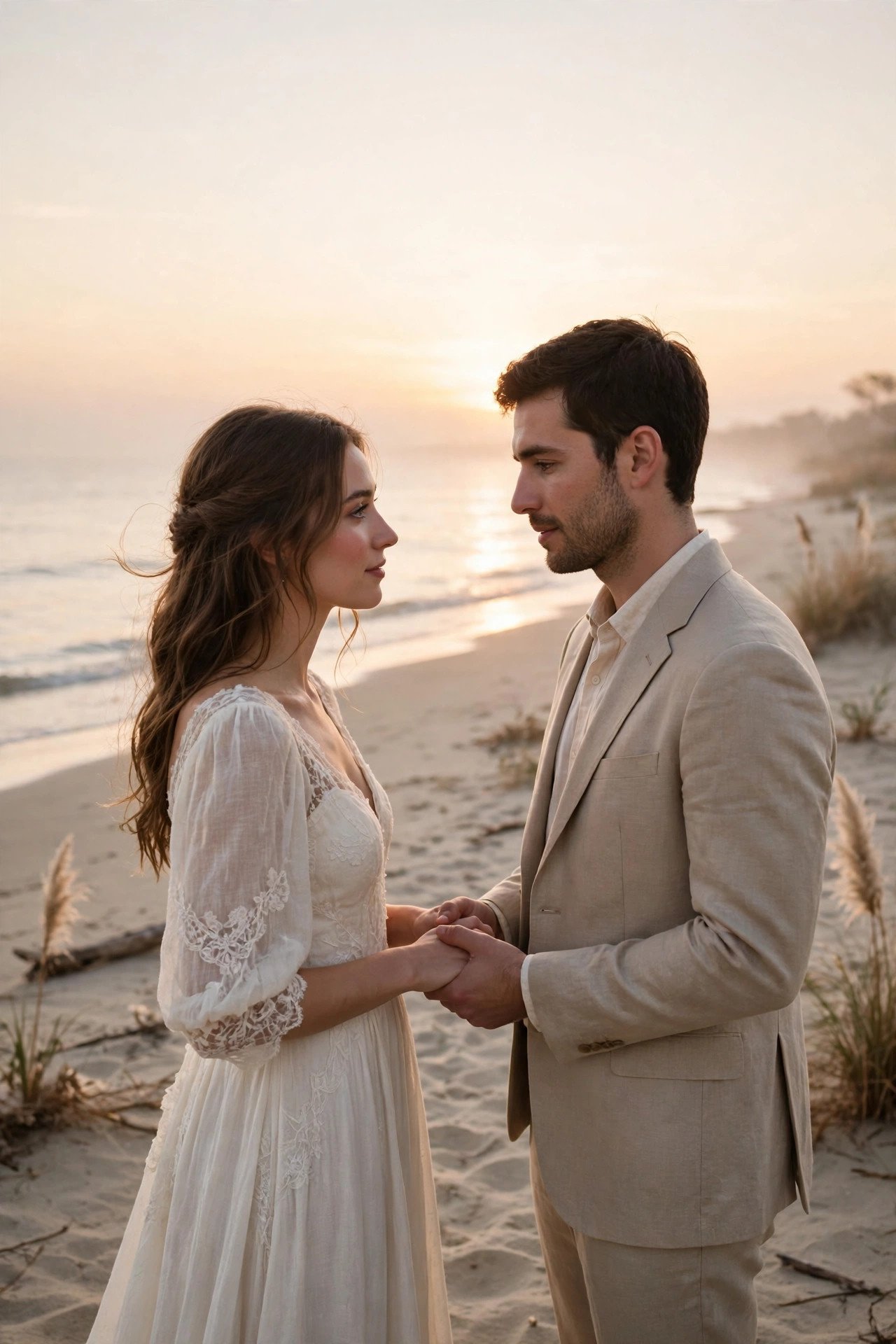 Couple exchanging private vows on an empty beach at sunrise with the first light on the water