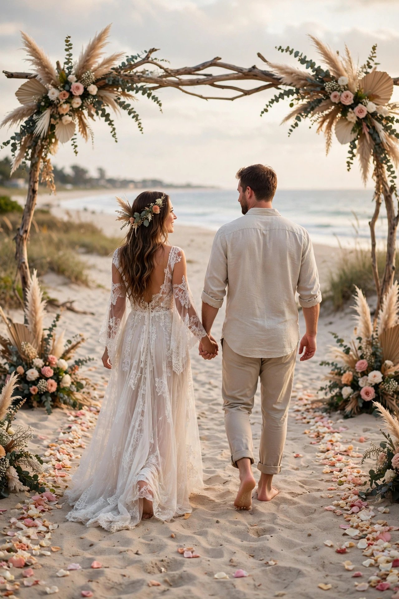 Barefoot couple walking down a sandy aisle lined with petals at a beach renewal