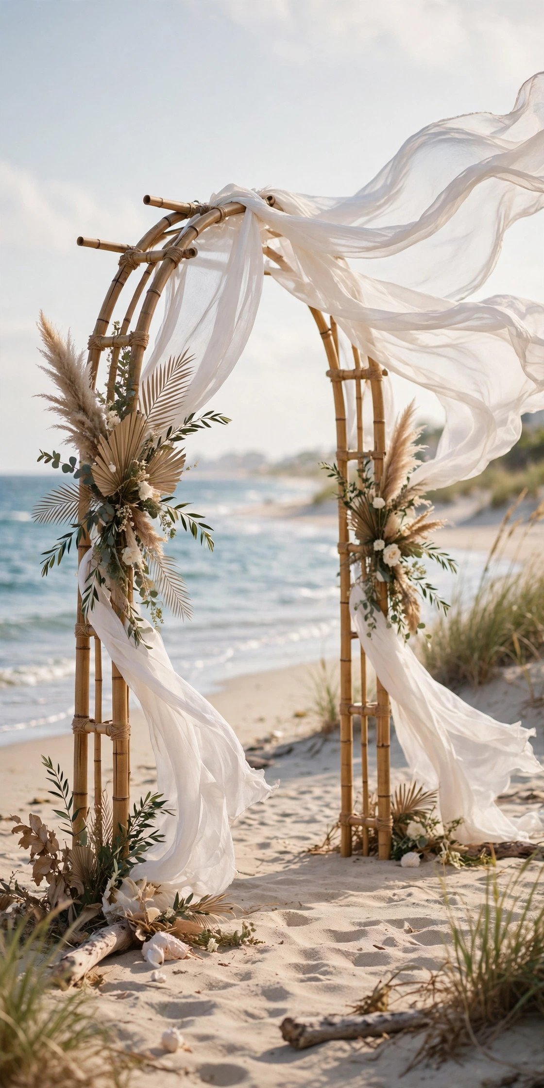 Bamboo ceremony arch with white fabric billowing in the sea breeze on a bright beach