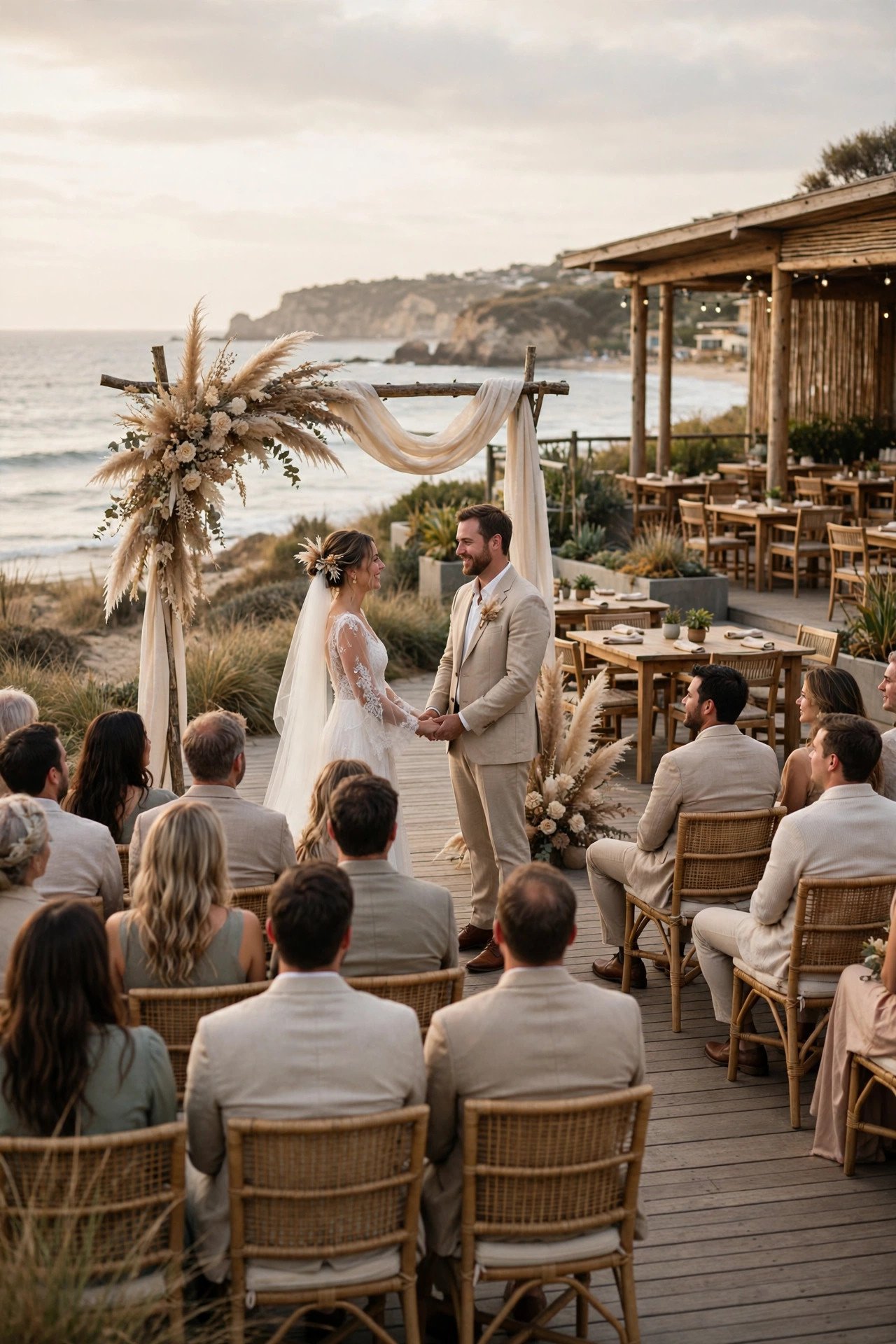 Ceremony on a wooden boardwalk with the ocean behind, guests moving into a seaside restaurant after