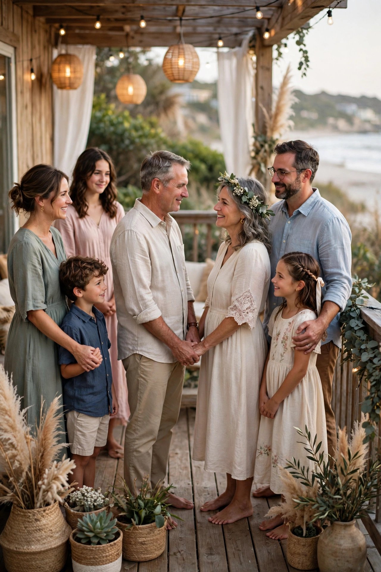 Family gathered on a beach house deck decorated with lanterns for an intimate vow renewal