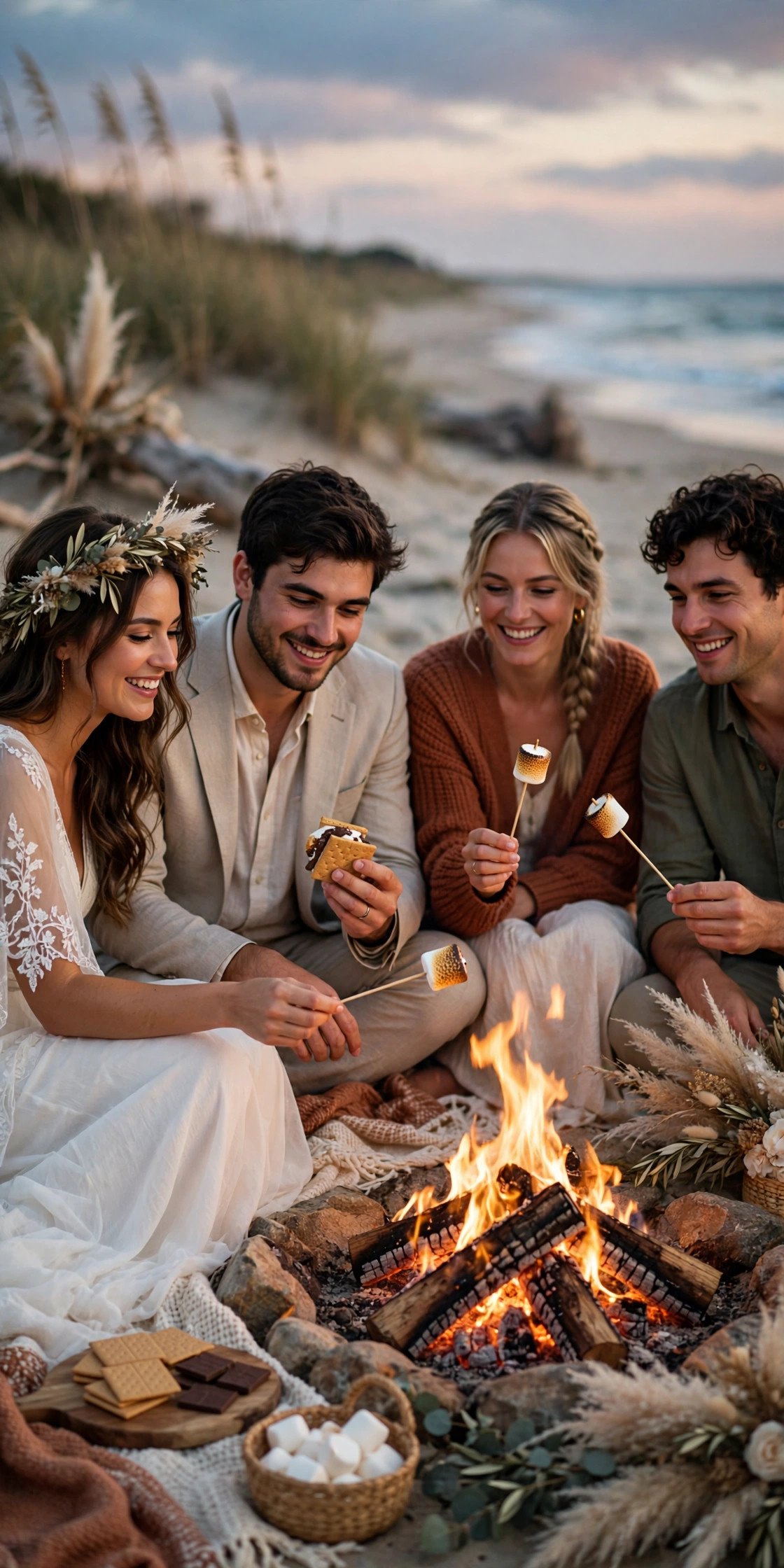 Guests around a beach bonfire toasting marshmallows and making s'mores after a sunset renewal