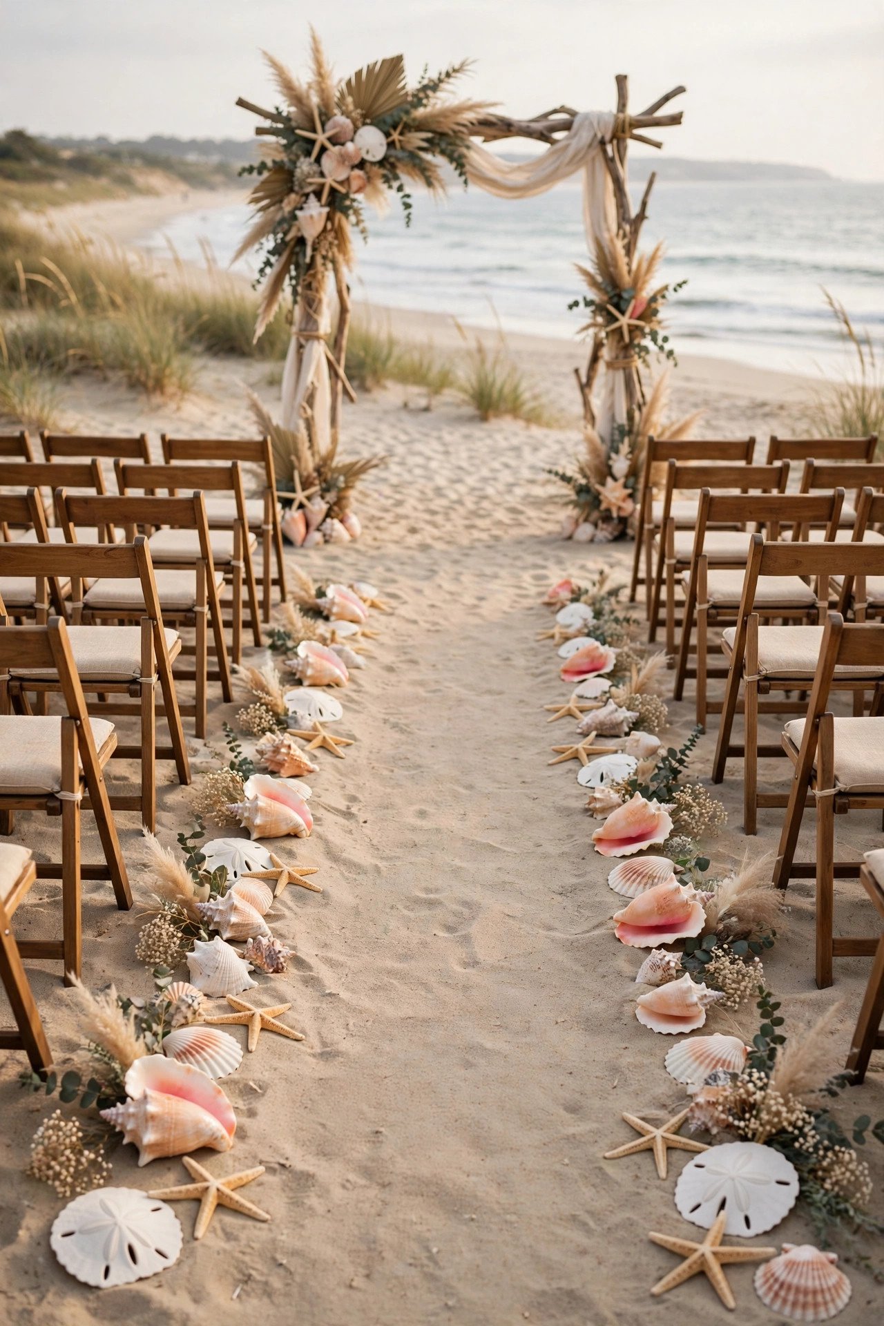 Large shells and starfish placed along a sandy ceremony aisle at a beach renewal