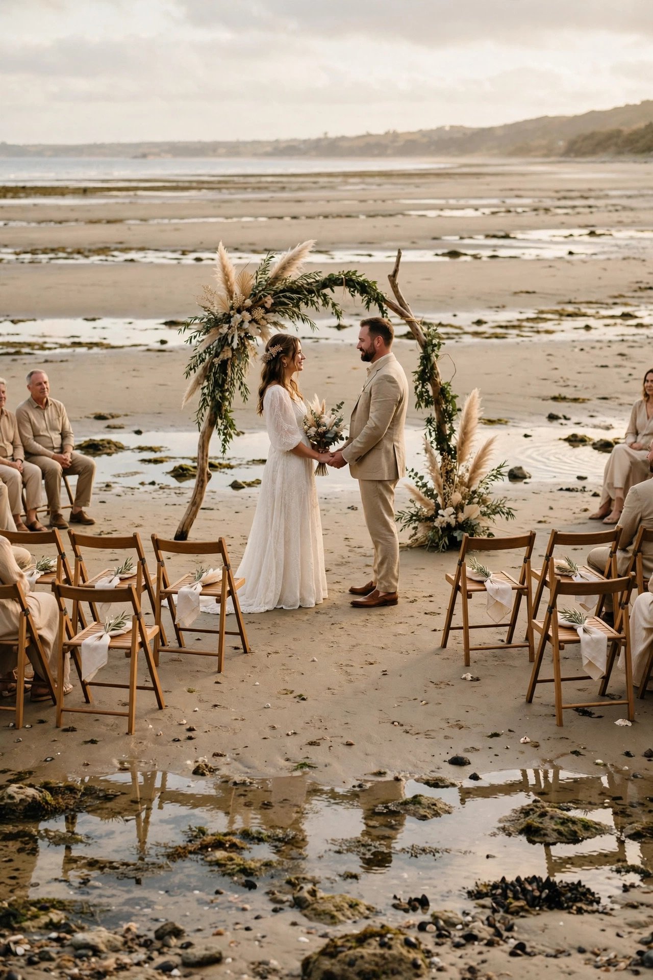 Wide flat beach at low tide with a ceremony set near the waterline and tide pools nearby