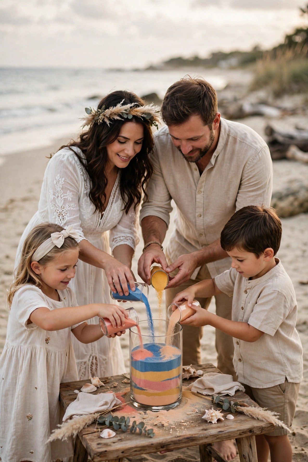 Family pouring colored sand into a vessel during a beach vow renewal ceremony