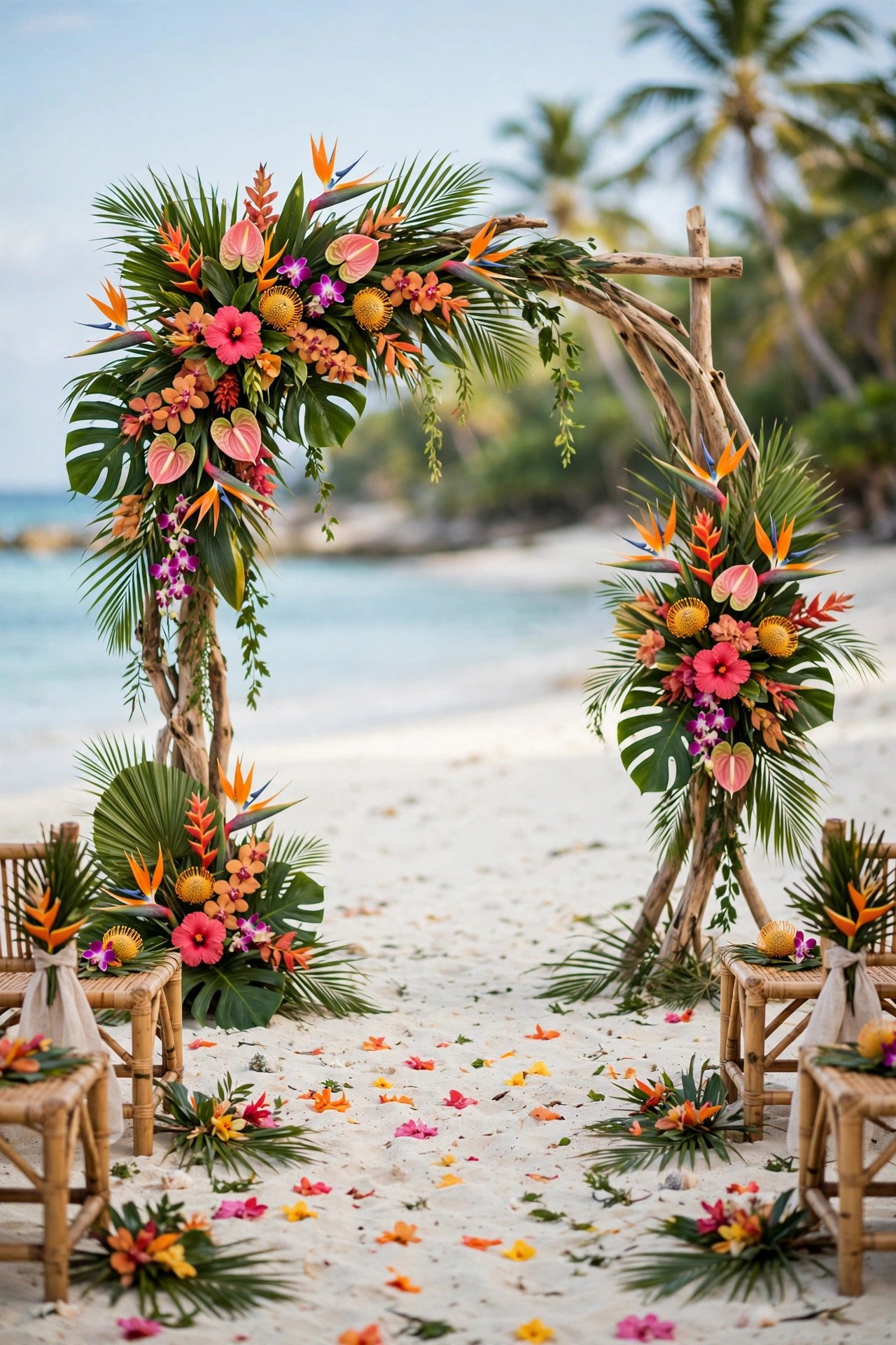Beach ceremony styled with tropical flowers, palm leaves and bright colors against white sand
