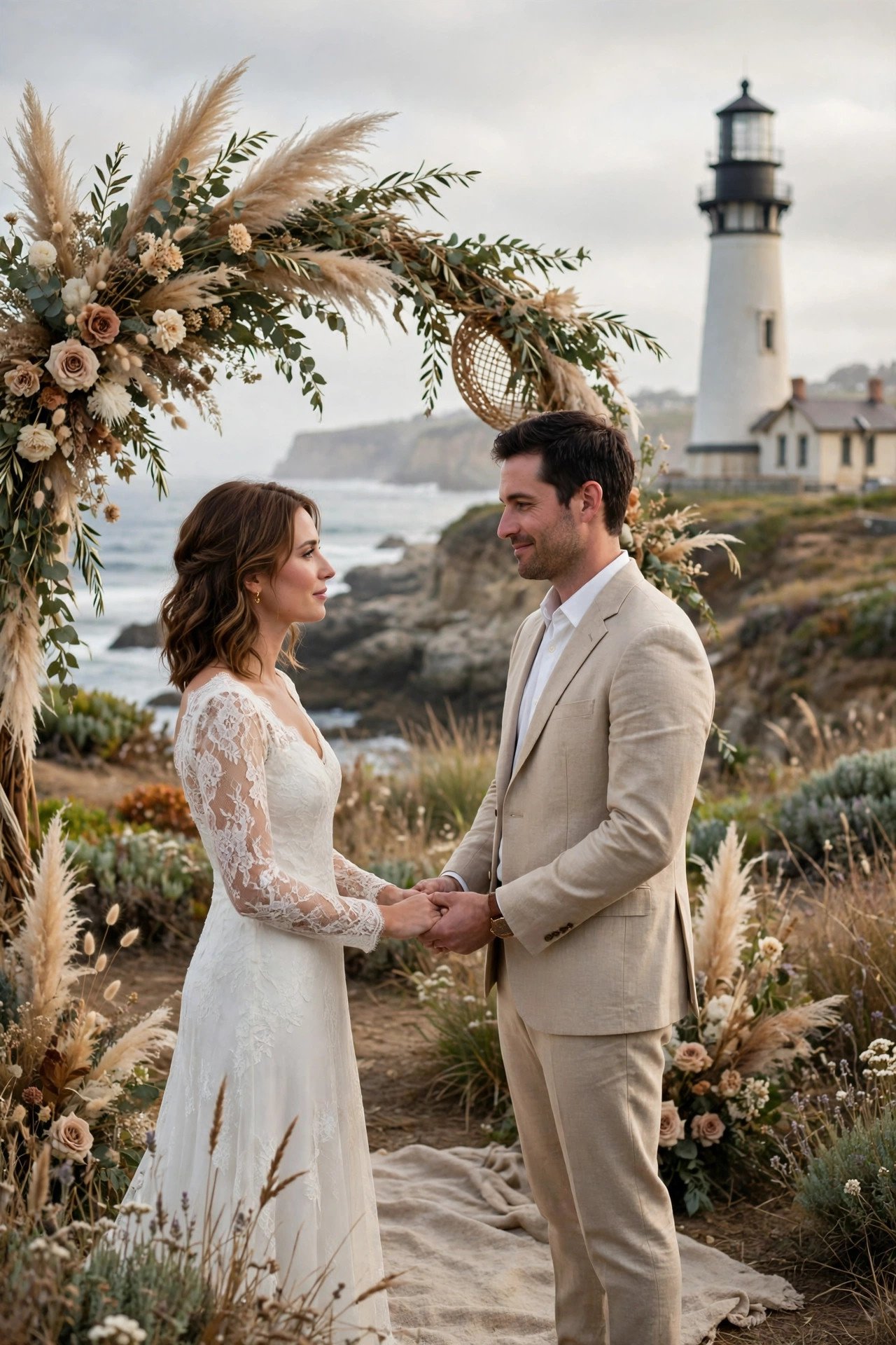 Couple renewing vows with a lighthouse standing in the background at a coastal ceremony