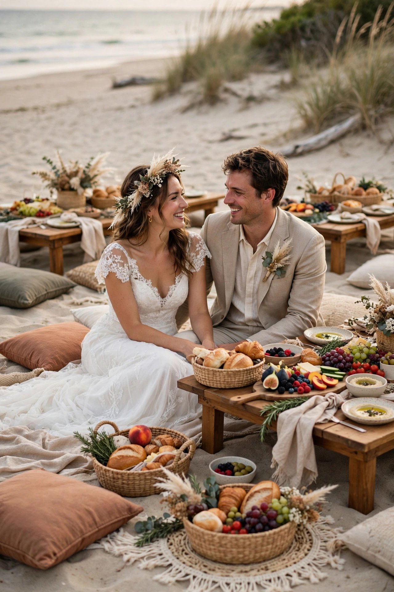 Low picnic tables and cushions on the sand with baskets of food at a beach renewal reception