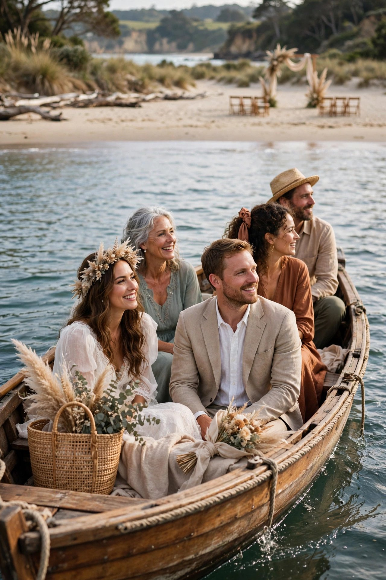 Small boat carrying a couple and guests to a quiet beach for their vow renewal ceremony