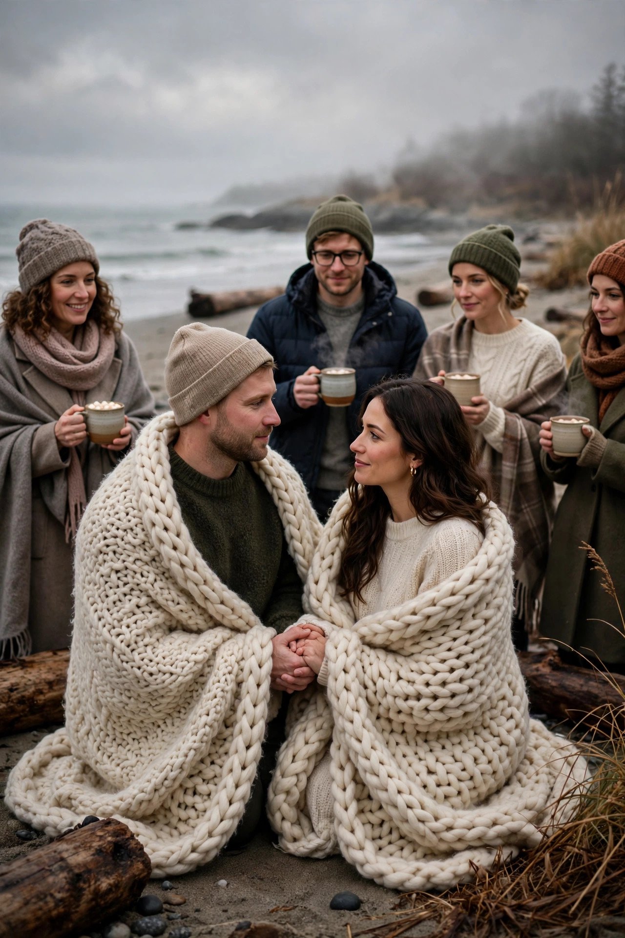 Couple wrapped in blankets on a moody winter beach renewing vows, guests holding cups of hot cocoa