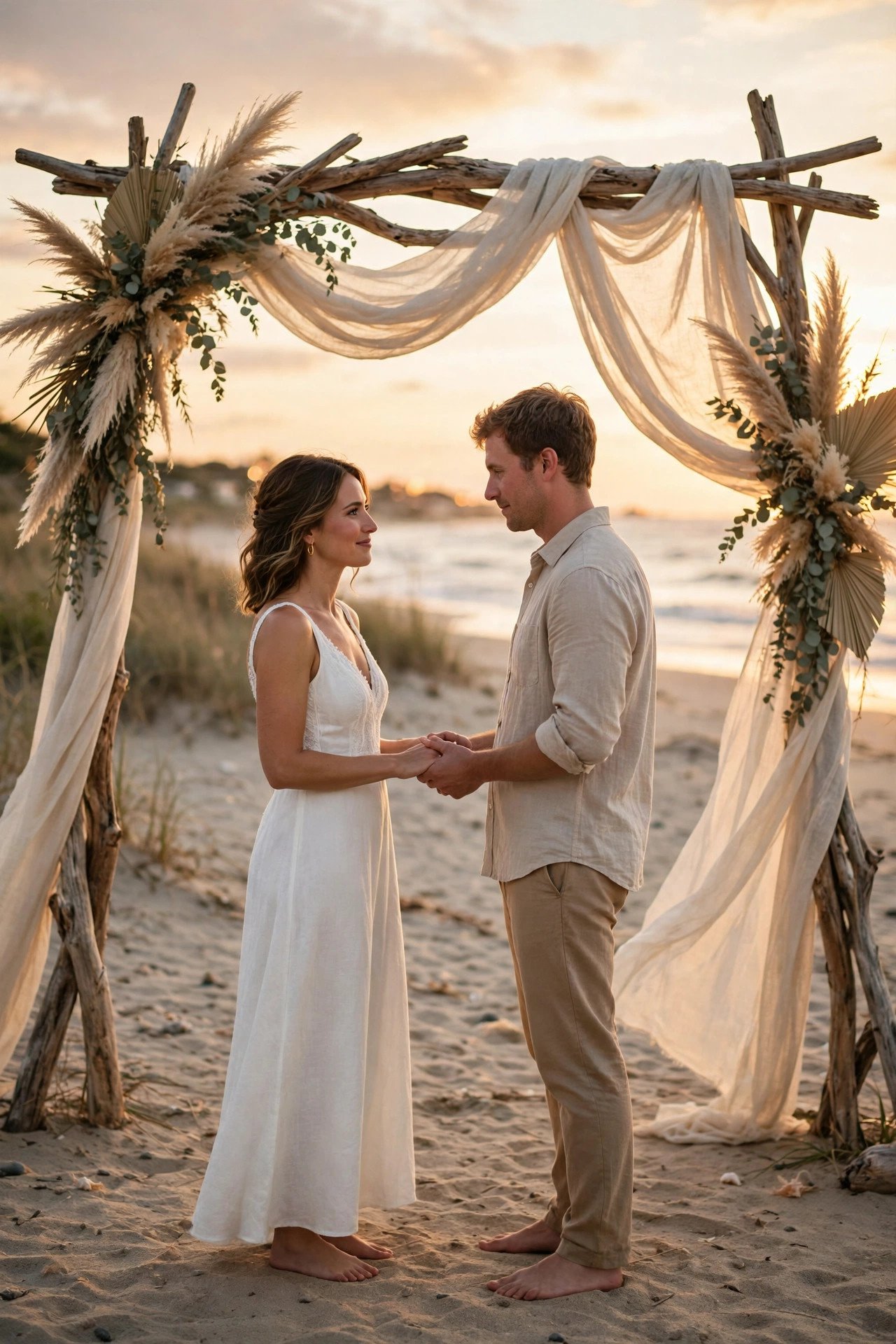 Couple renewing their vows barefoot on a beach at sunset beneath a driftwood arch with flowing fabric