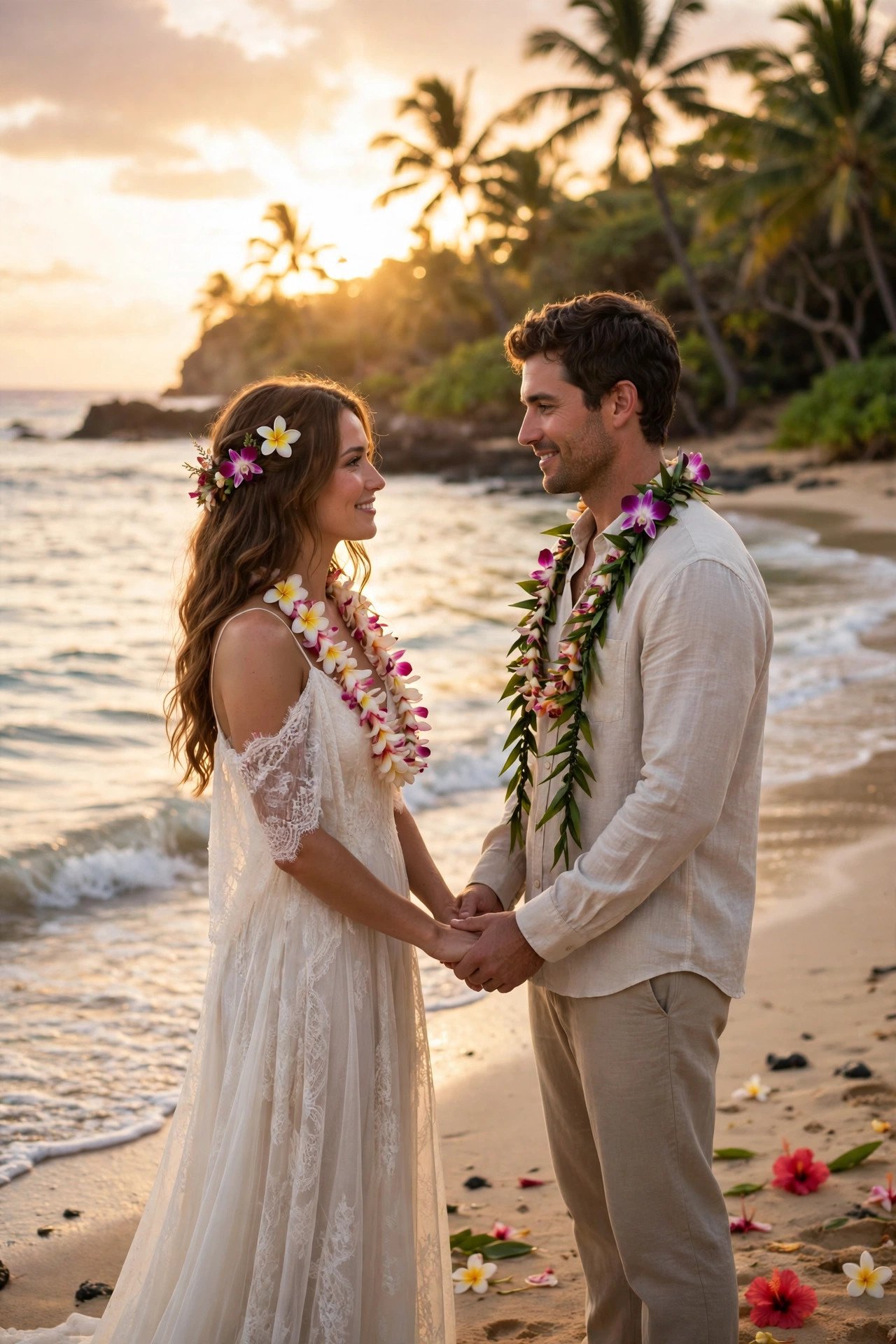 Couple renewing vows on a Hawaiian beach with leis, gentle surf and a golden sunset