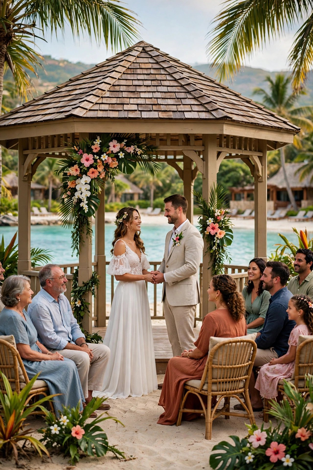 Resort gazebo ceremony on a Caribbean beach with turquoise water and family watching