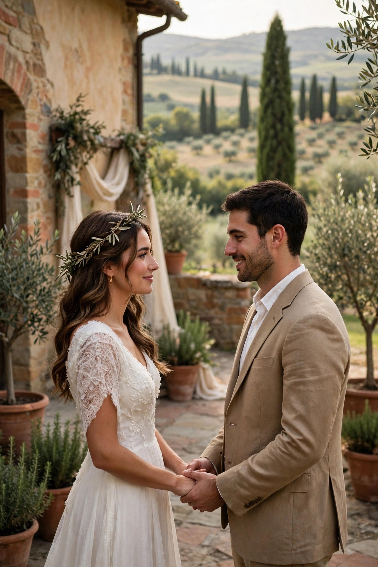 Couple renewing vows in a Tuscan villa courtyard with cypress trees and rolling hills behind