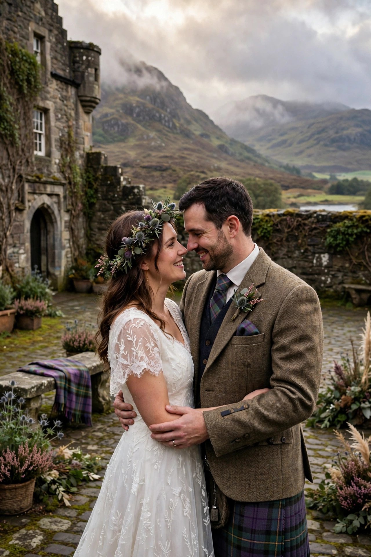 Couple in a Scottish castle courtyard with a piper, tartan touches and dramatic highland scenery