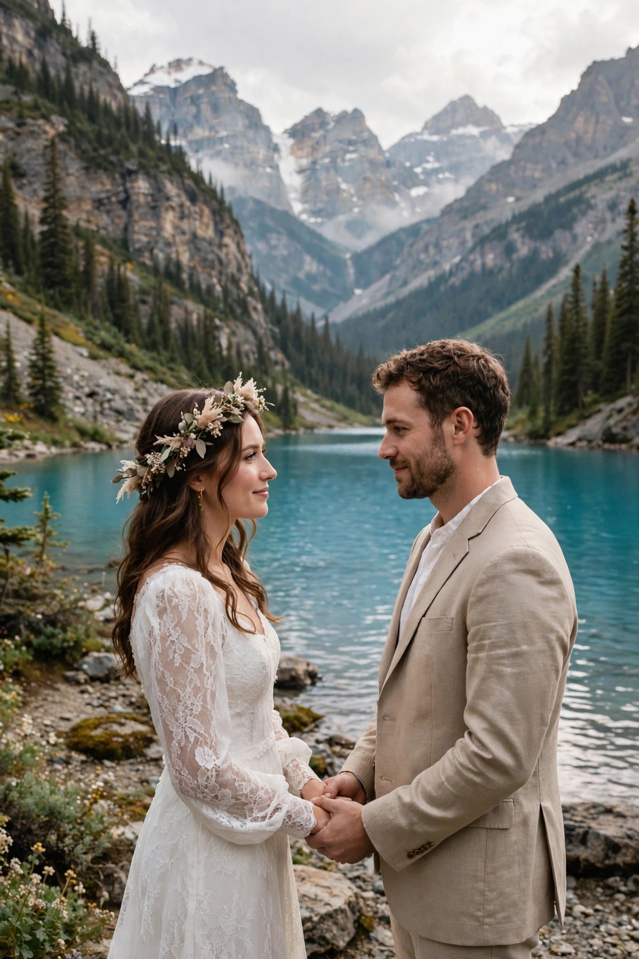 Couple renewing vows beside a turquoise glacial lake in the Canadian Rockies with peaks behind