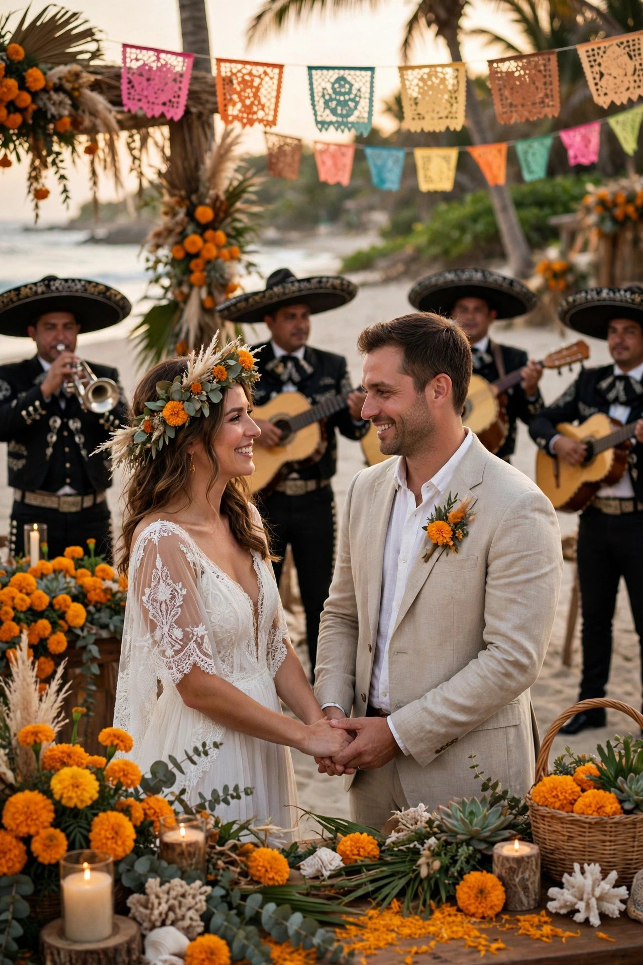 Festive beach renewal in Mexico with marigolds, colorful details and a mariachi band playing