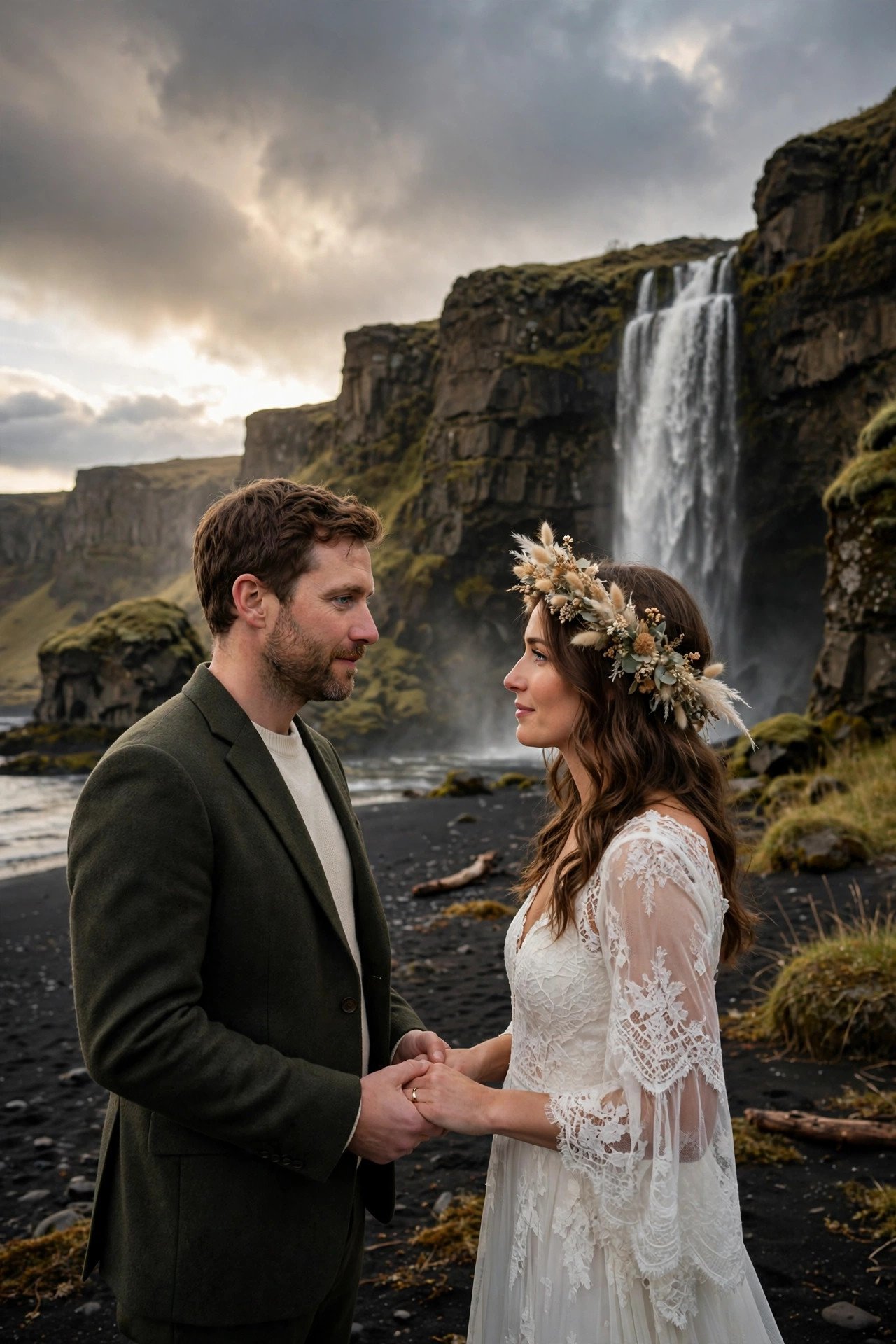Couple renewing vows near an Icelandic waterfall with dramatic skies and black sand nearby