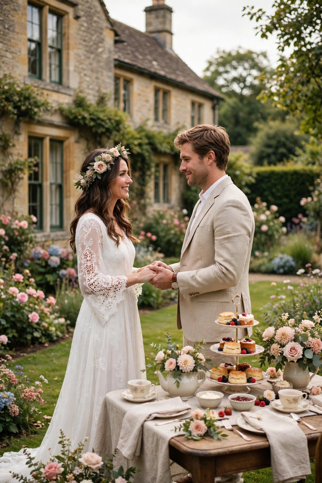 Couple renewing vows on the lawn of an English country house with gardens and afternoon tea
