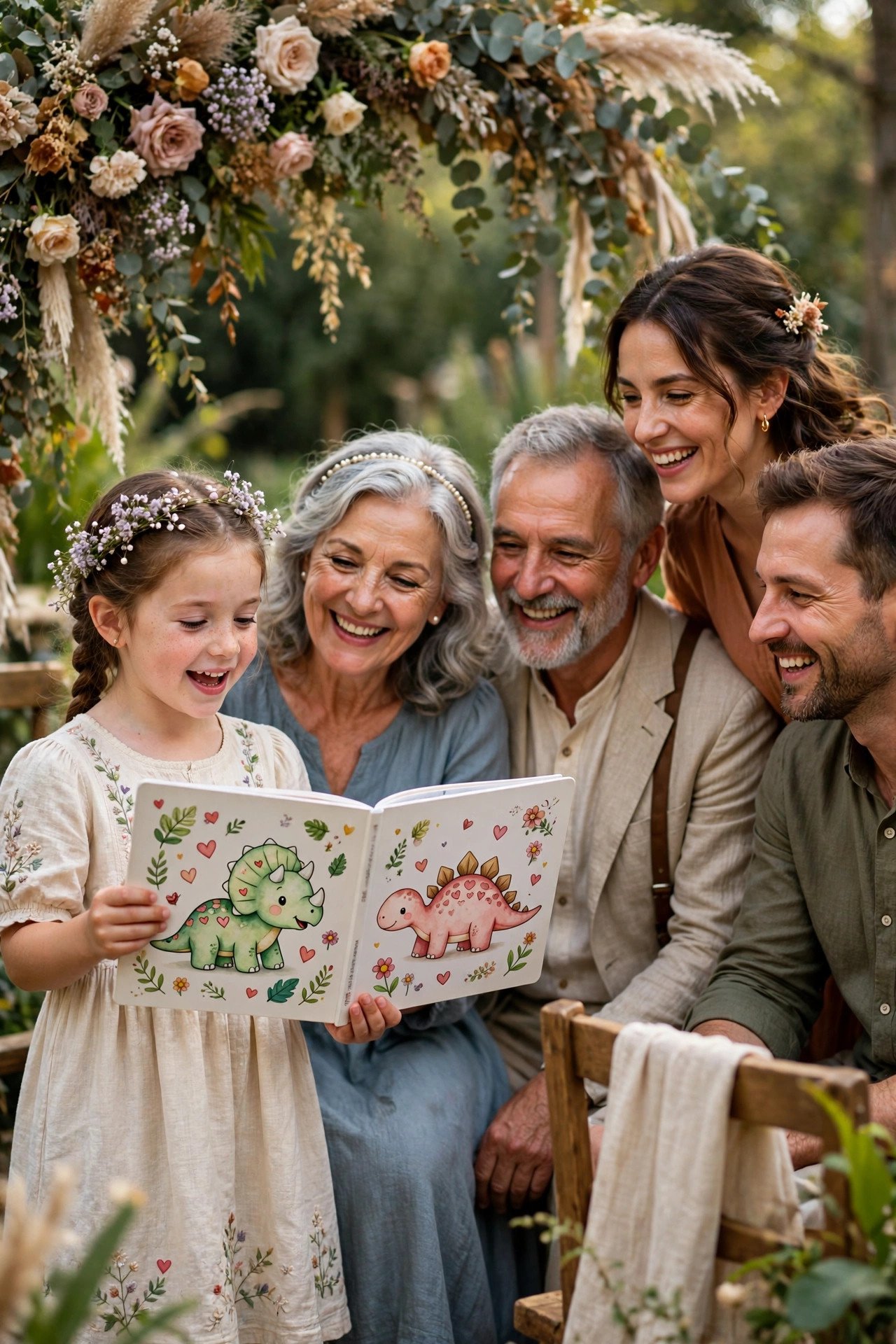 A grandchild reads Edward Monkton's dinosaur love story at a family vow renewal