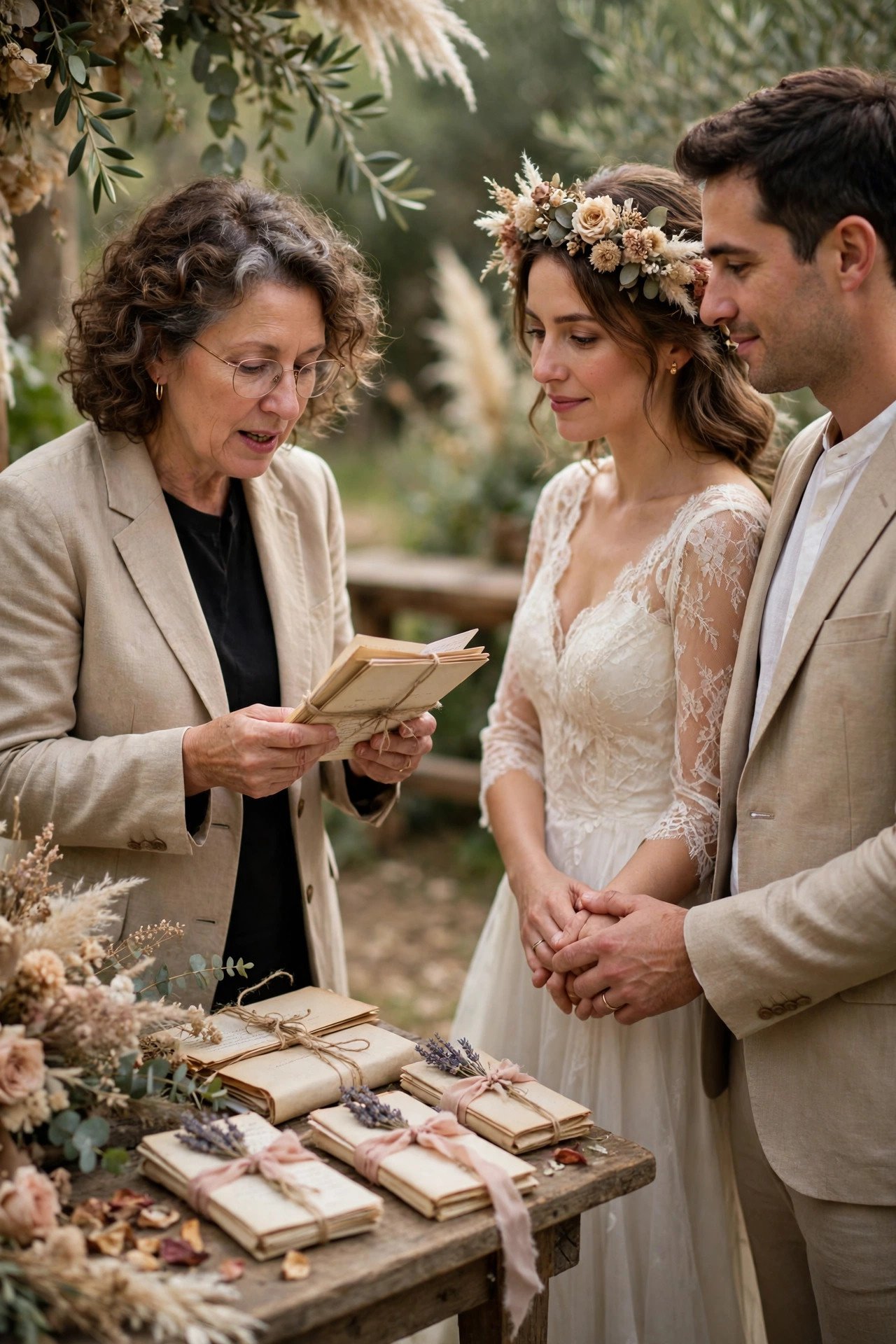 An officiant reads a vow renewal reading woven from a couple's own letters and cards