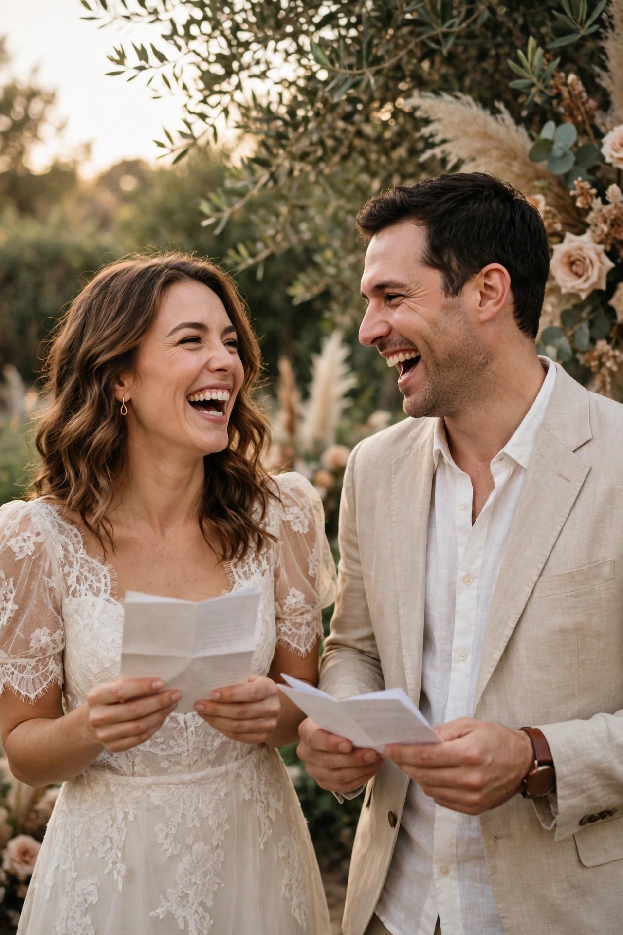 Guests laughing during a funny vow renewal moment: Vows Written by Your Kids, Read Sight Unseen
