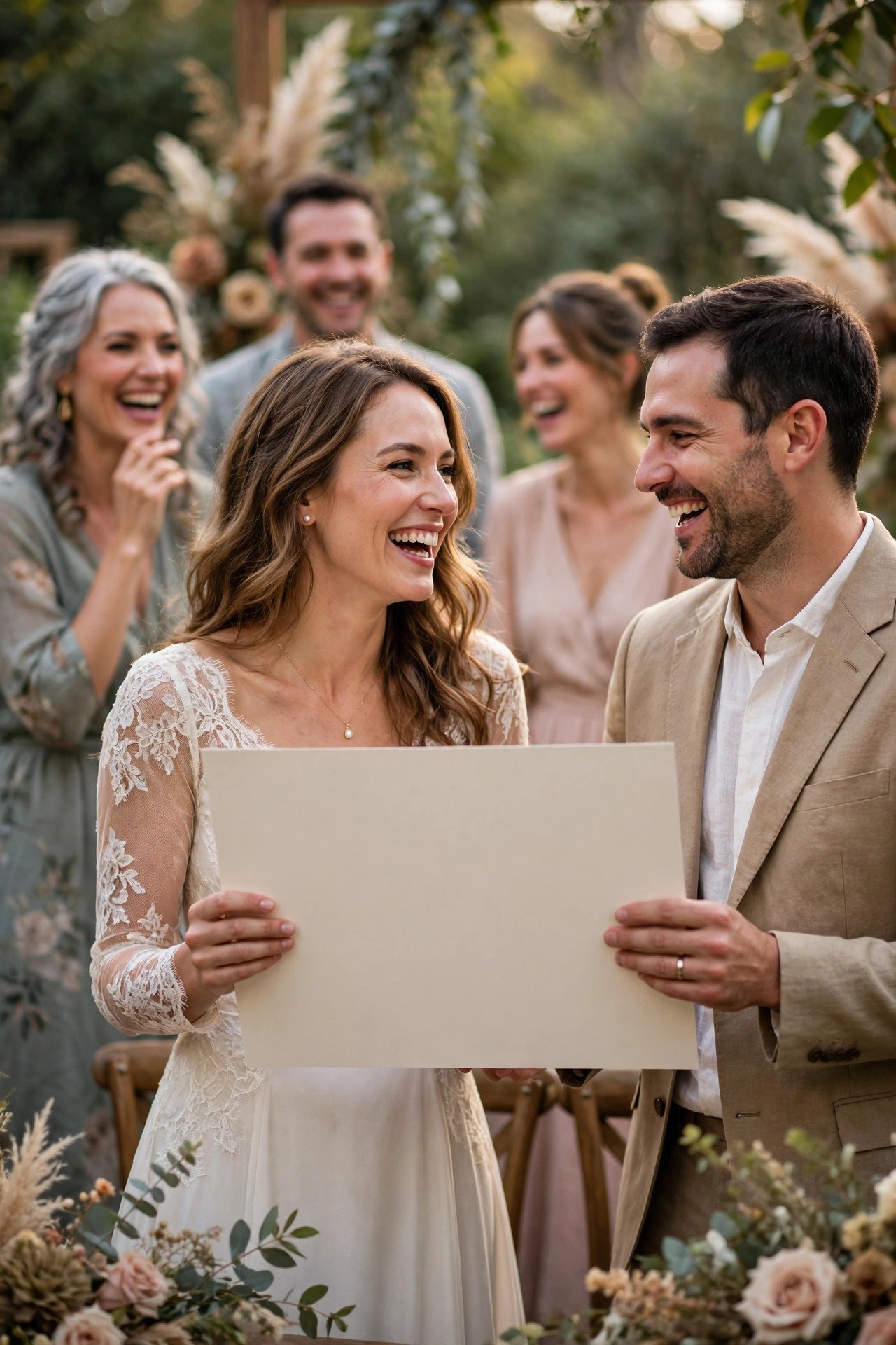 Guests laughing during a funny vow renewal moment: The Marriage Report Card Ceremony