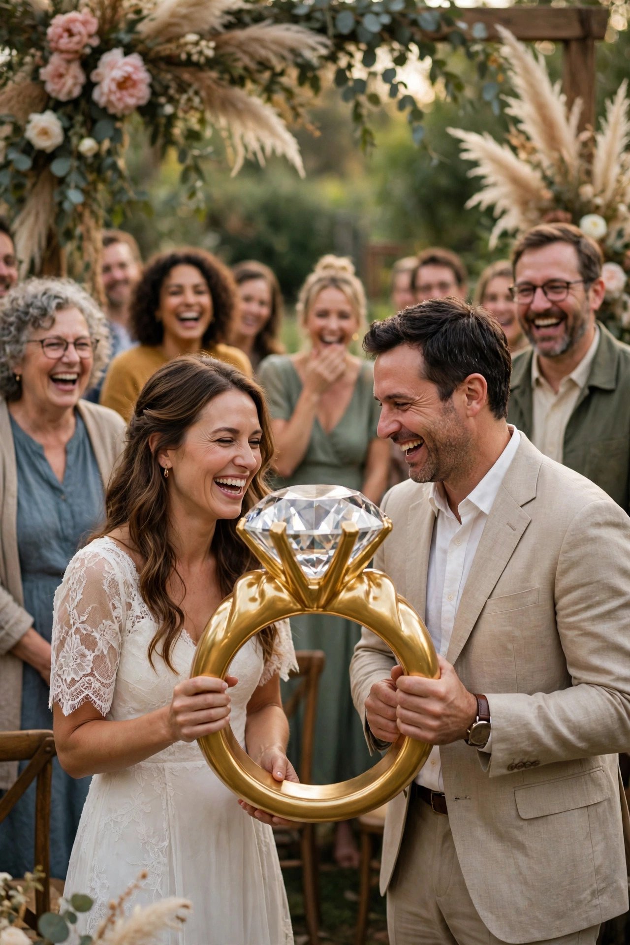 Guests laughing during a funny vow renewal moment: Oversized Comedy Ring Exchange