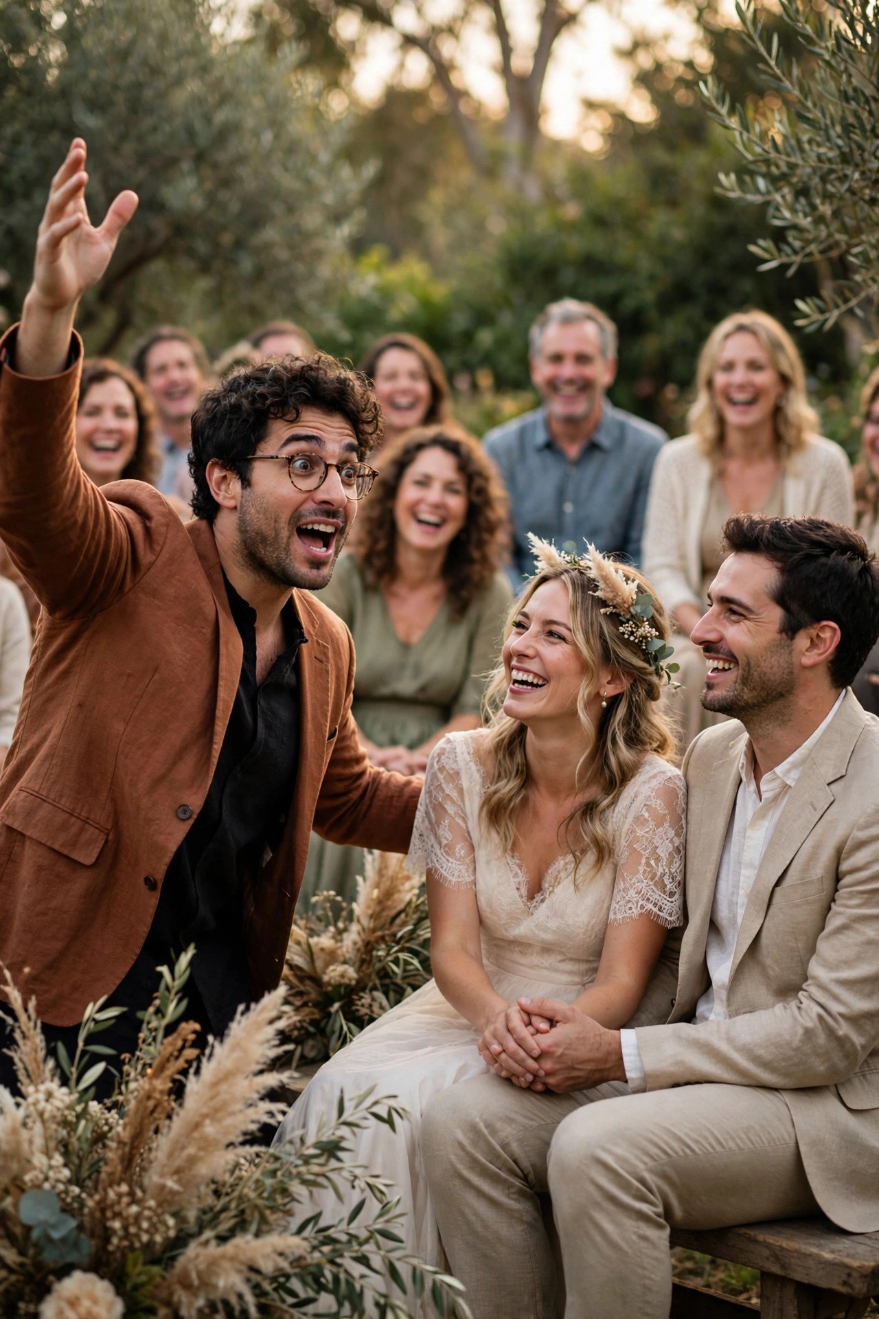 Guests laughing during a funny vow renewal moment: Vows Narrated Like a Movie Trailer