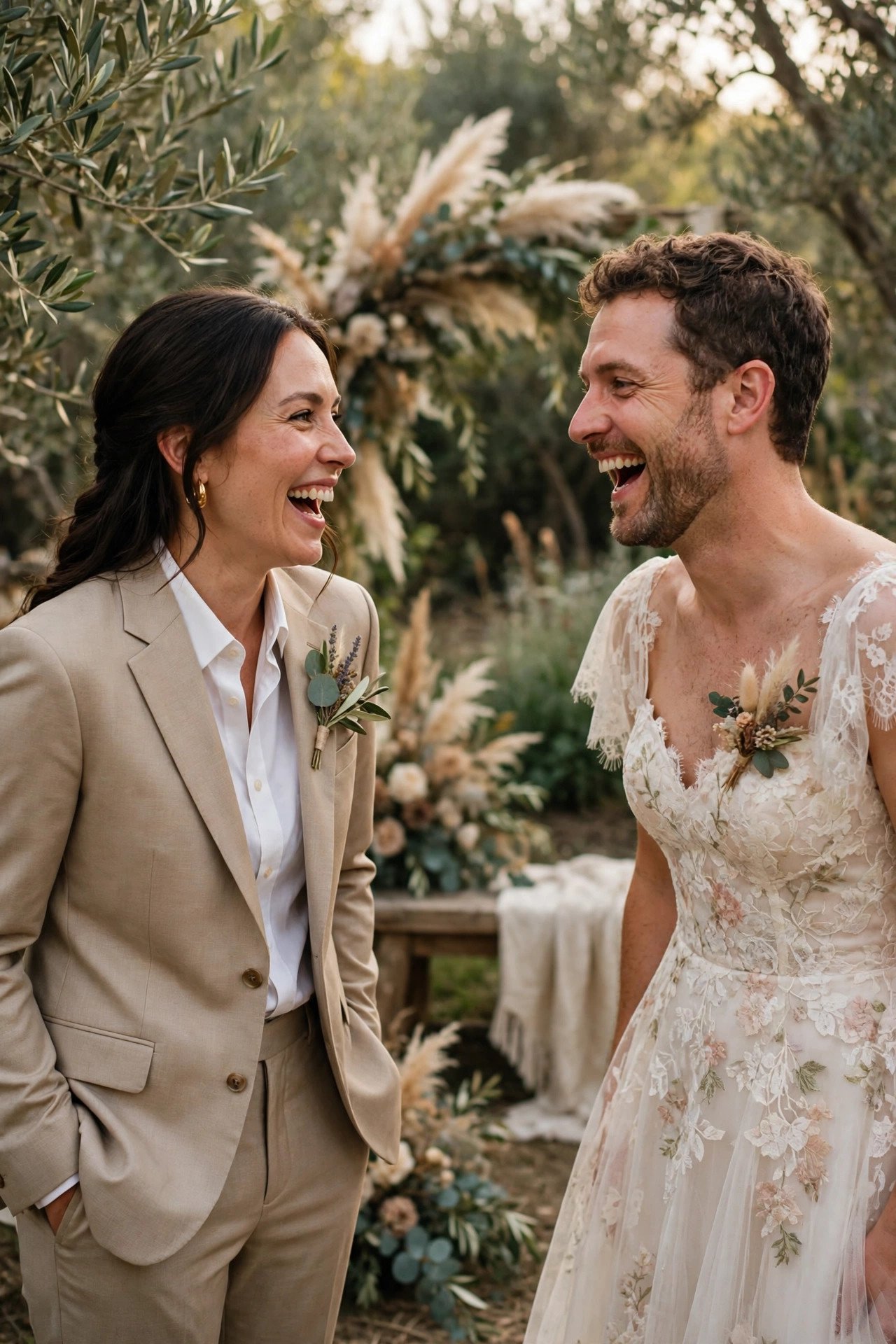 Guests laughing during a funny vow renewal moment: A Comedy First Look in Swapped Outfits