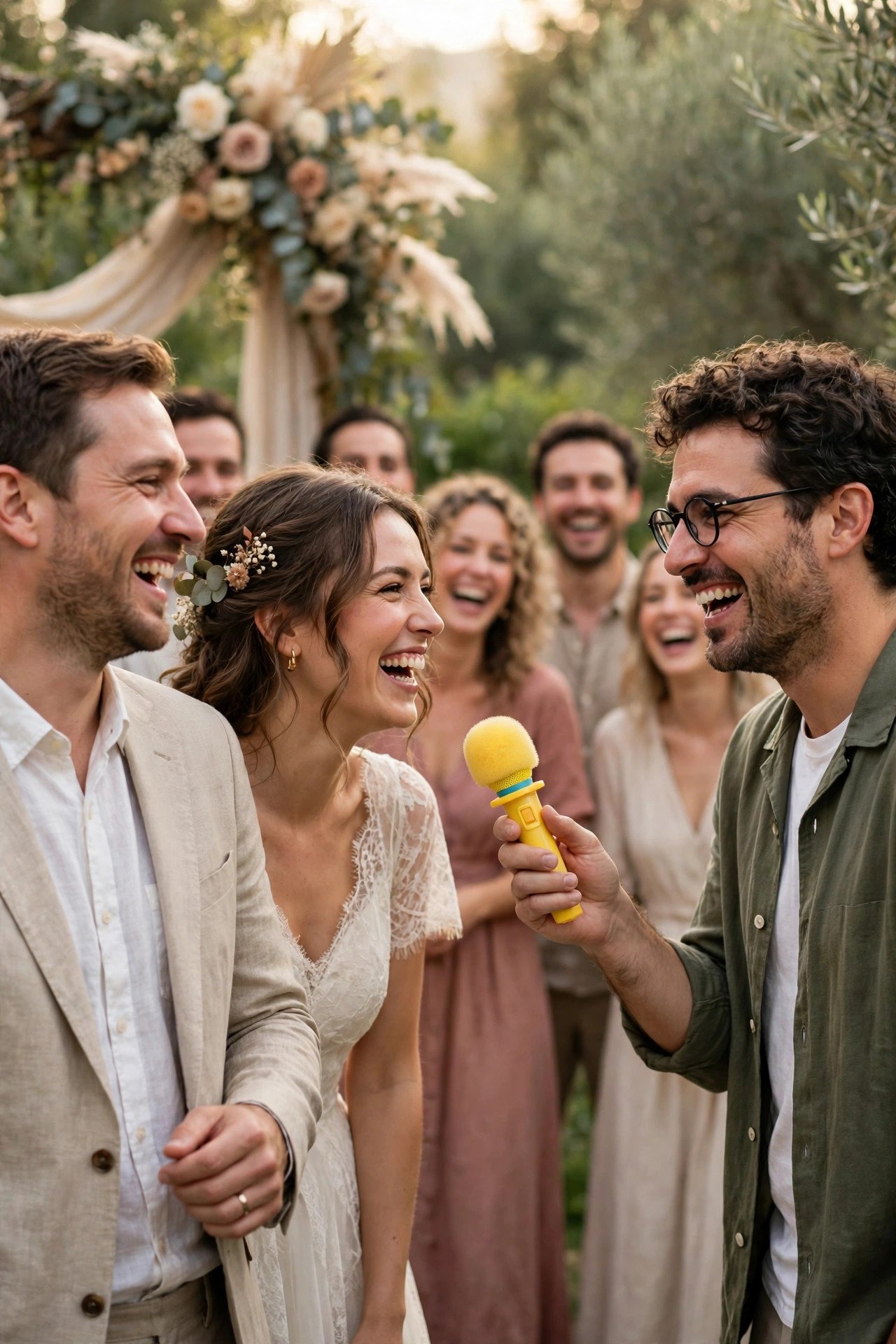 Guests laughing during a funny vow renewal moment: A Fake "Breaking News" Interruption