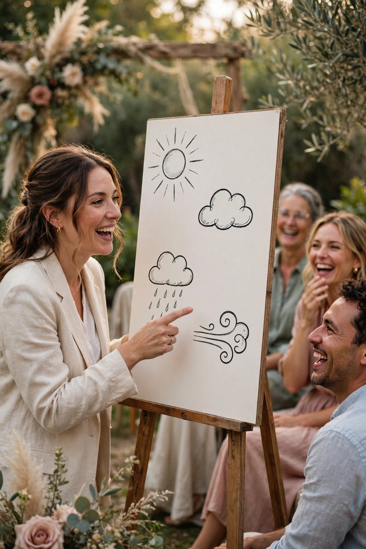 Guests laughing during a funny vow renewal moment: Renewal Vows as a Weather Forecast