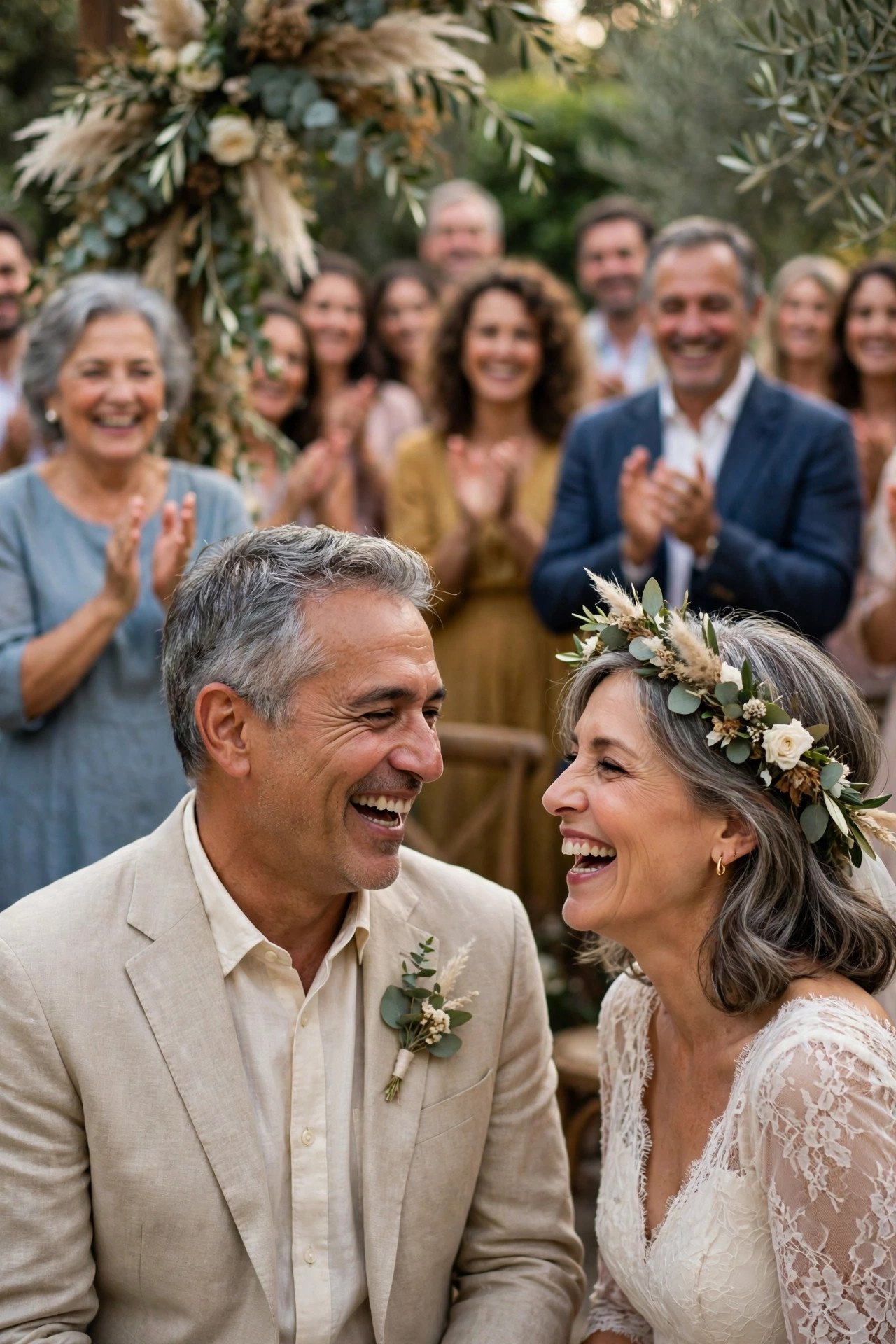 Couple laughing together during a lighthearted vow renewal ceremony with happy guests