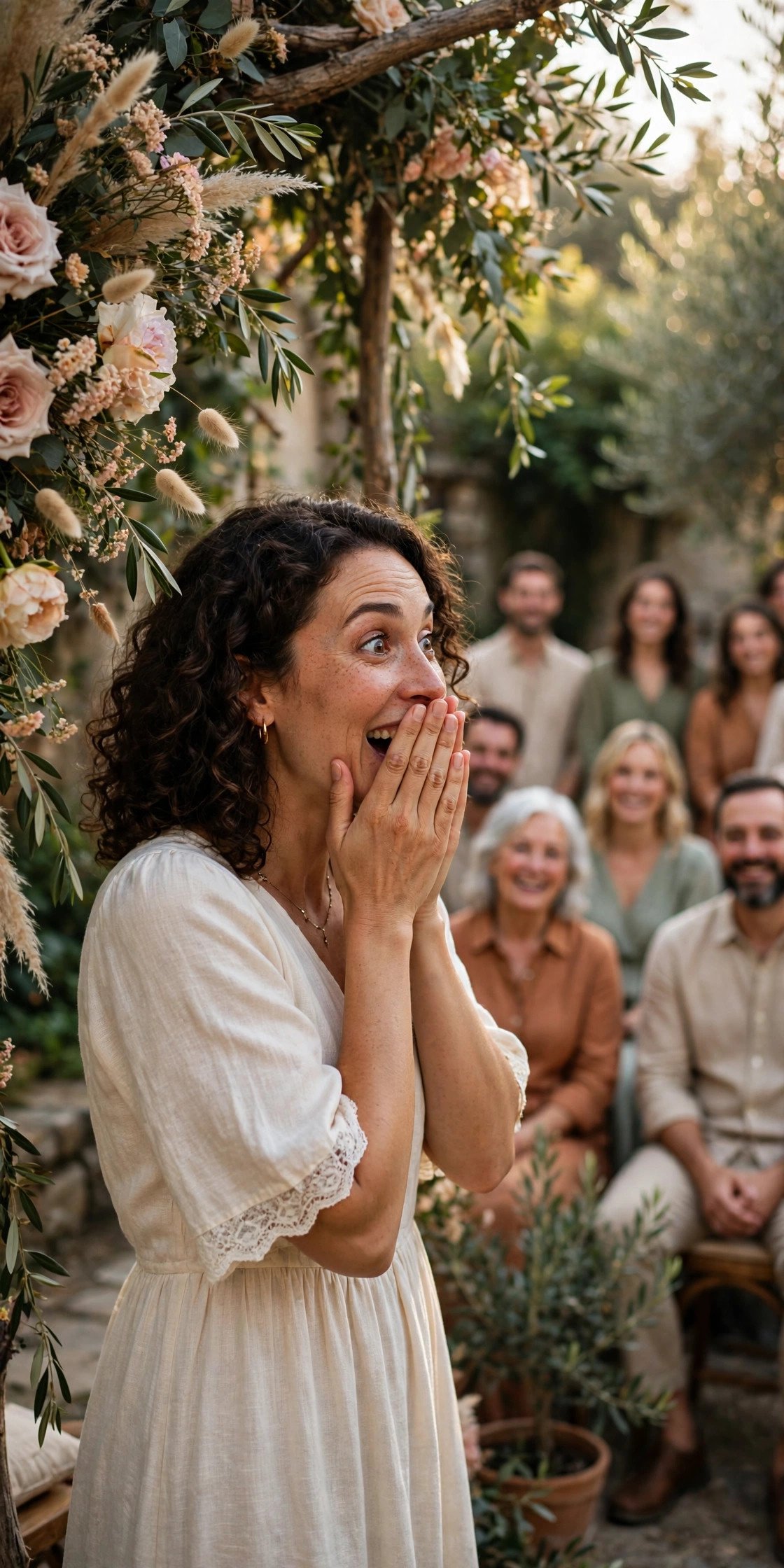 Partner reacting with joyful surprise at a hidden vow renewal ceremony setup