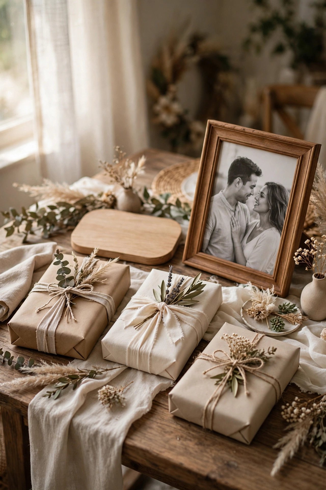 Wrapped vow renewal gifts including an engraved plaque and framed portrait for a couple
