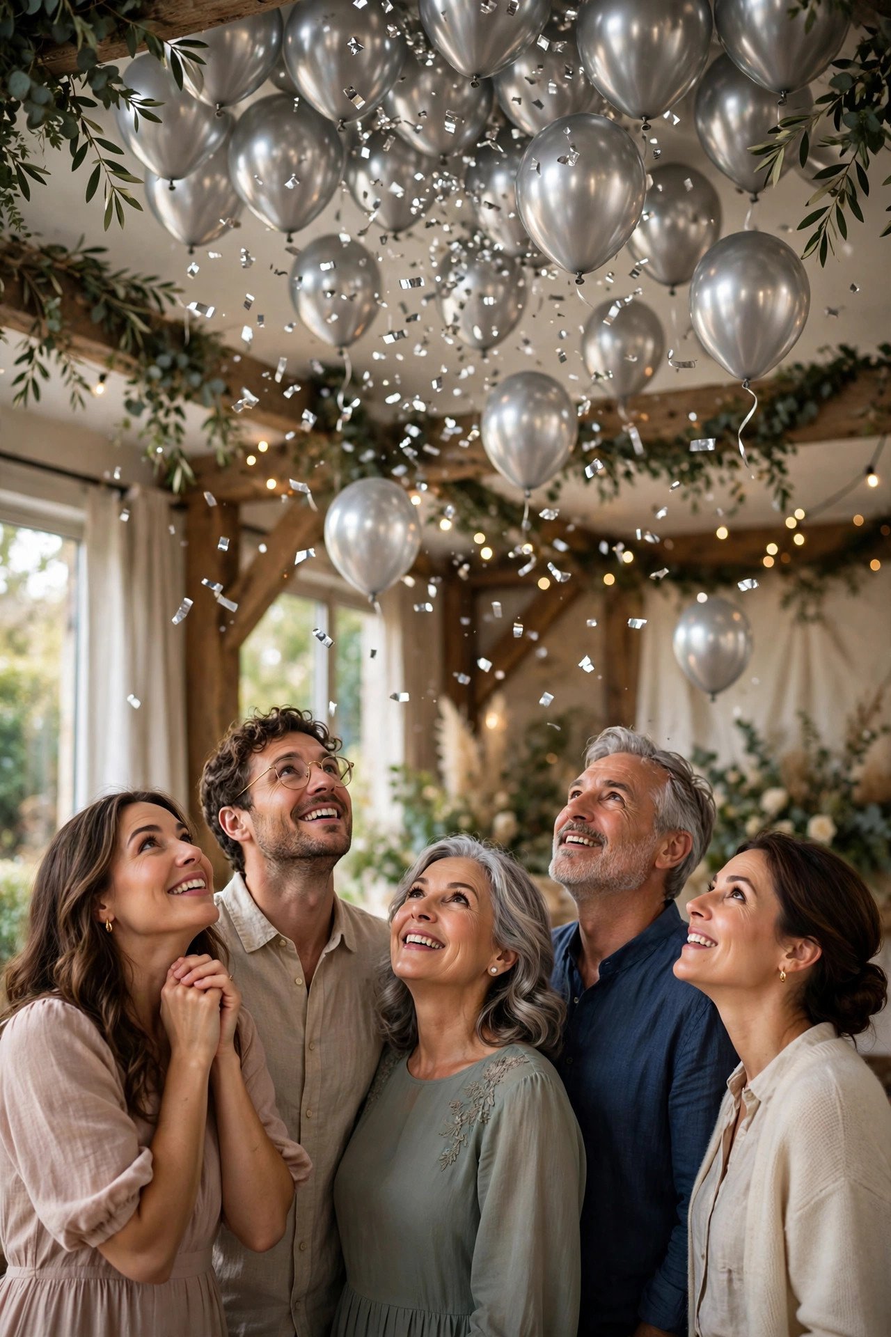 25th silver anniversary party idea: Silver Confetti and Balloon Ceiling Moment