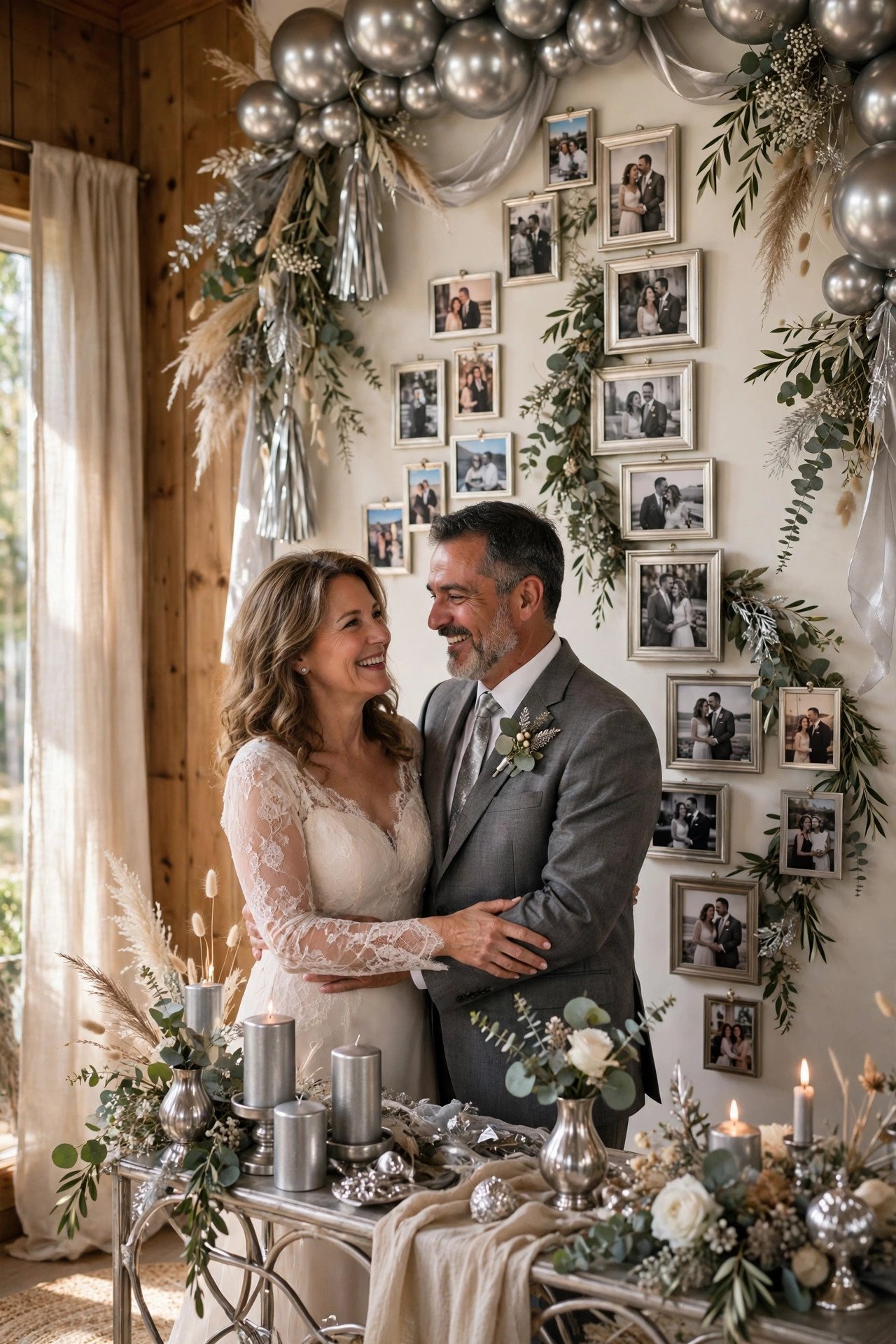 Silver-themed 25th anniversary party with photo timeline wall and elegant silver decor