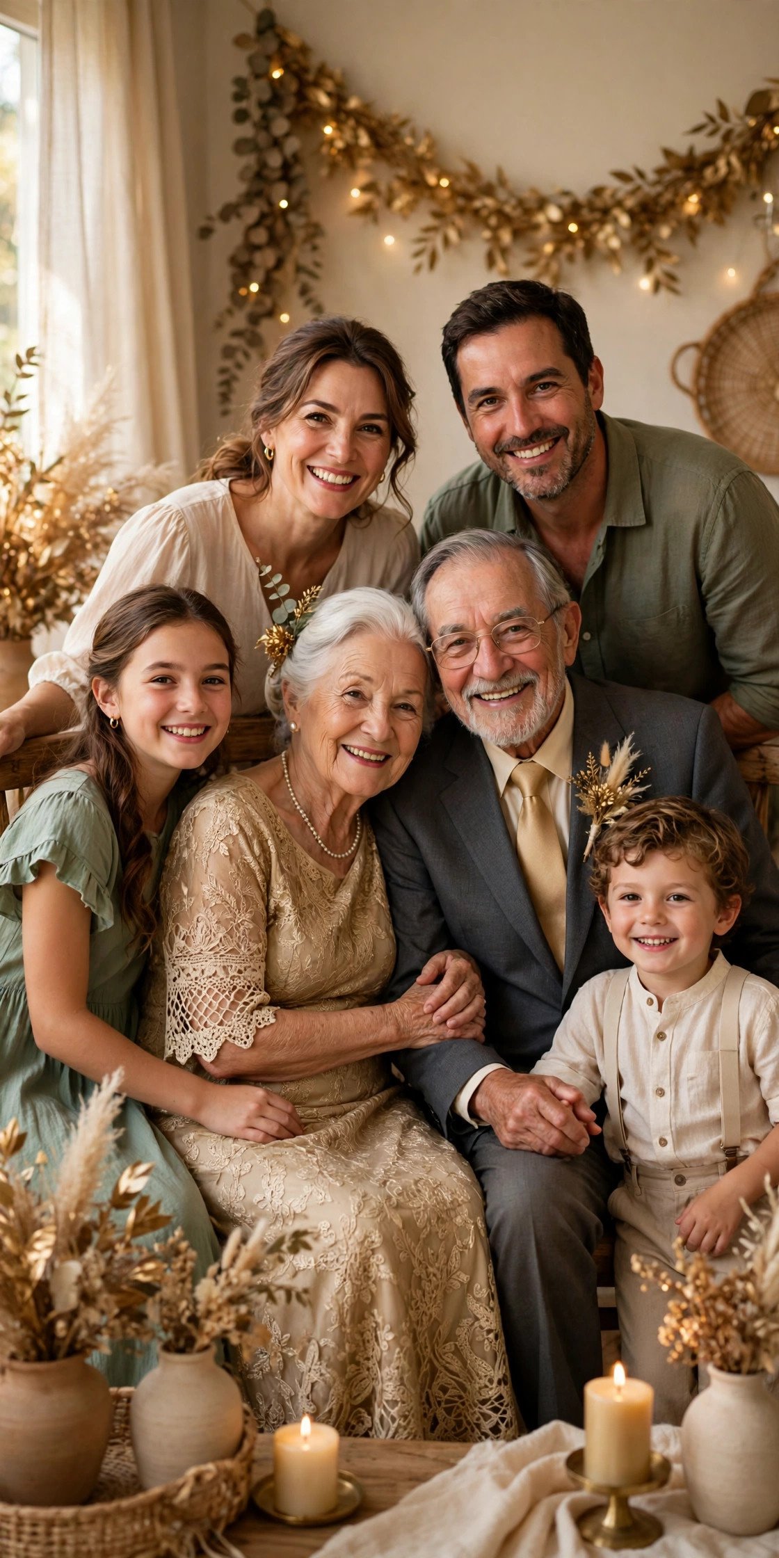 Golden 50th anniversary celebration with four generations gathered around the couple