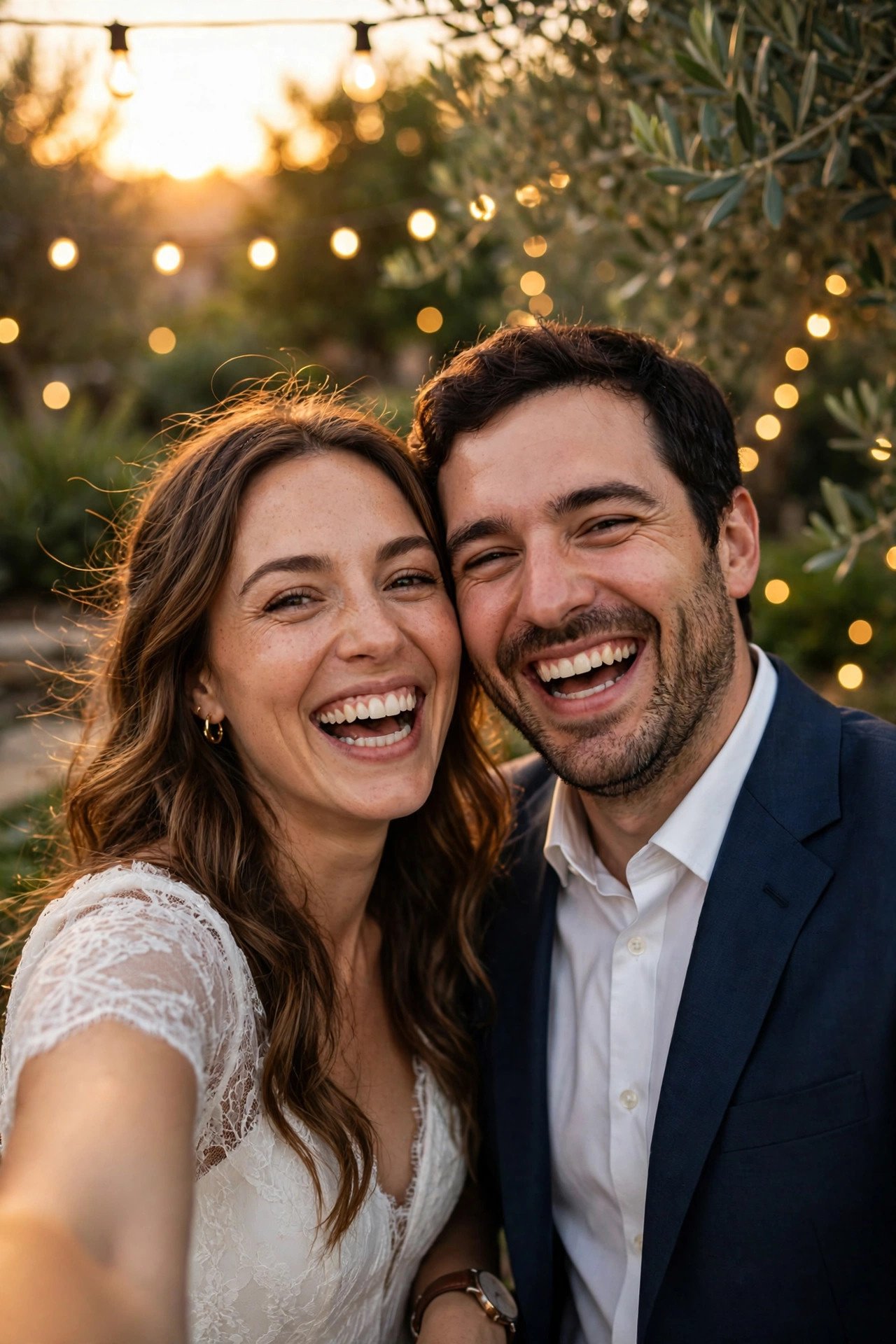 Couple taking a joyful anniversary selfie together at golden hour with string lights behind them
